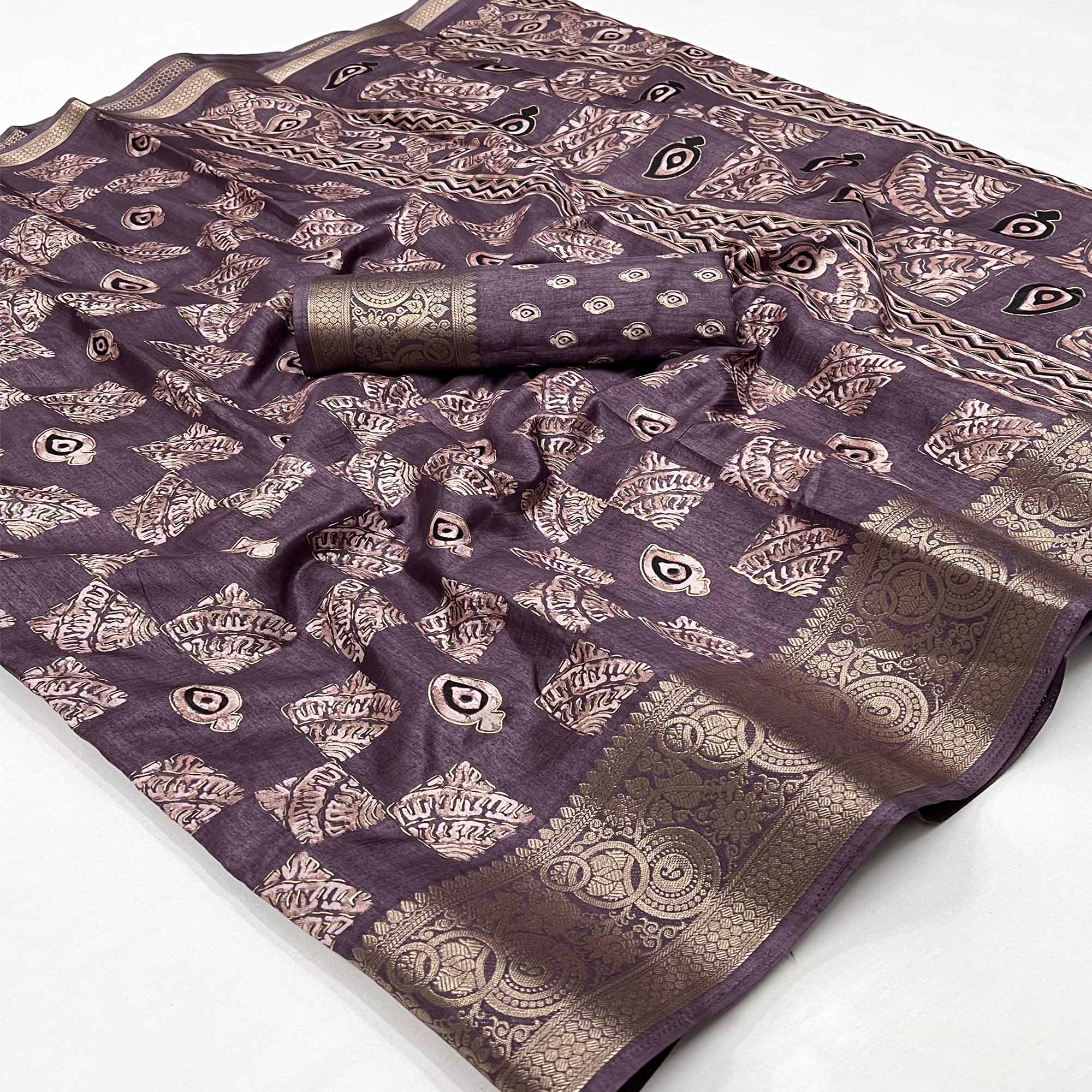 Peachmode Dusty Wine Foil Printed Dola Silk Saree With Jacquard Border