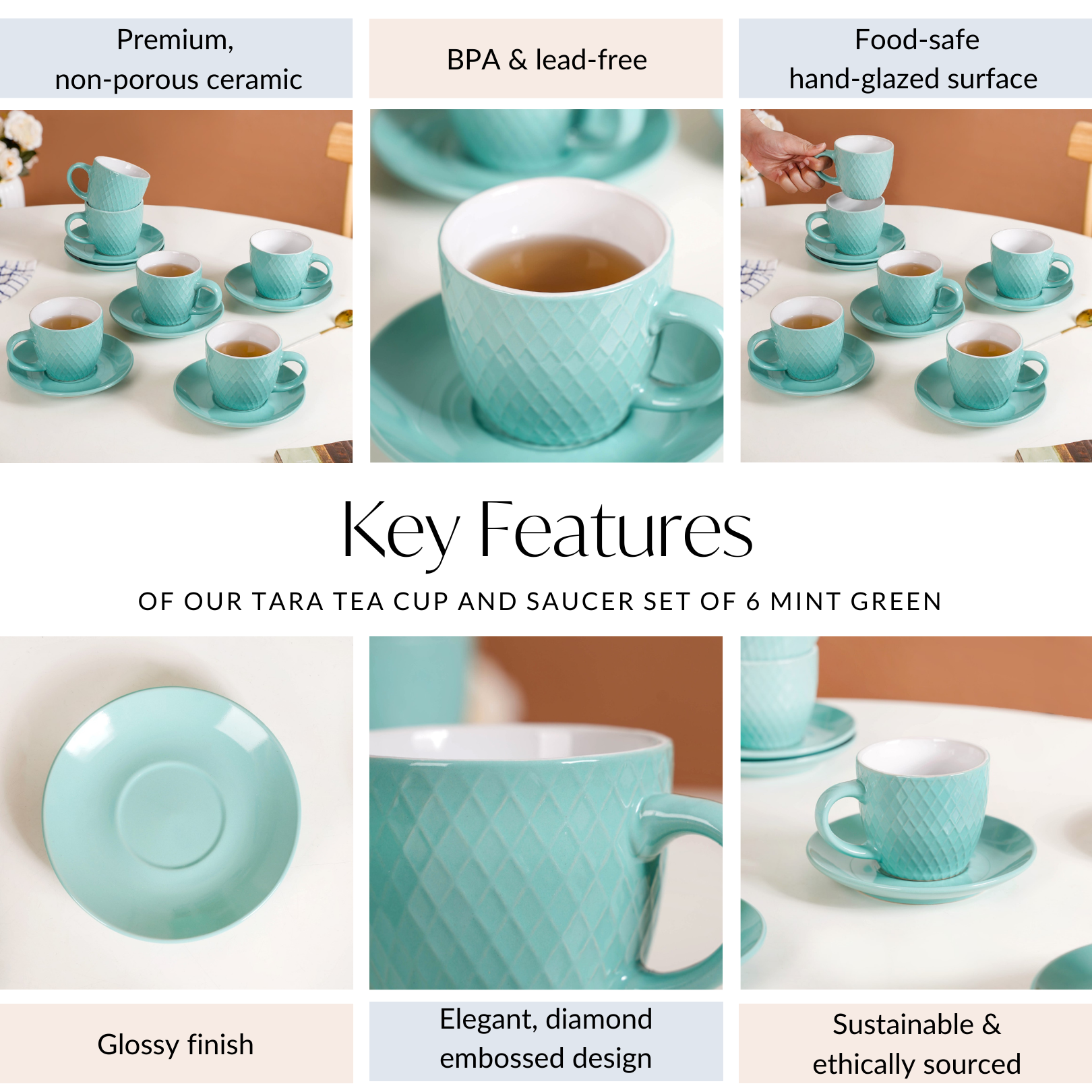 Nestasia Tara Tea Cup And Saucer Set Of 6 Mint 225ml - view 5
