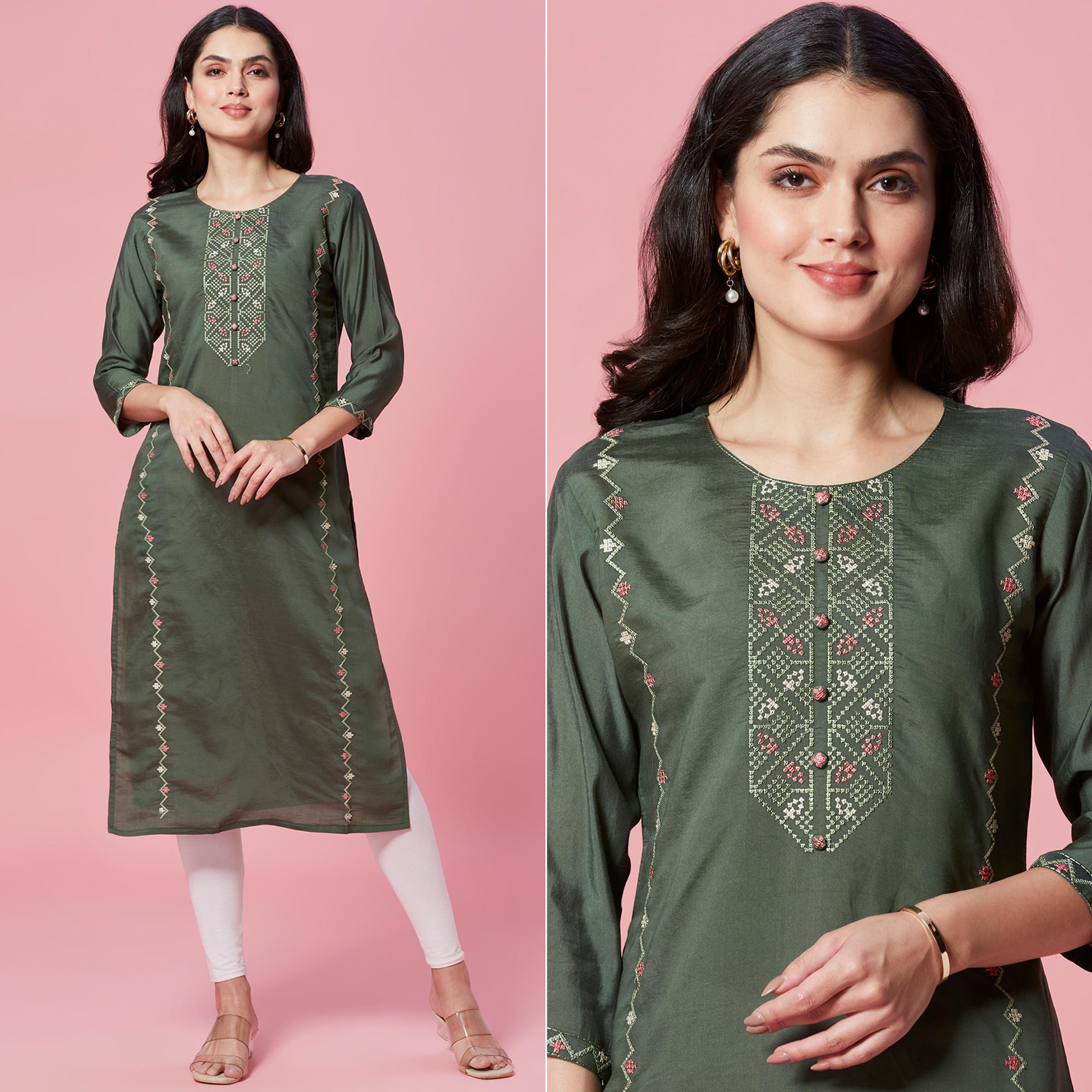 Green kurtas – BlackTree green-embroidered-chanderi-straight-kurti