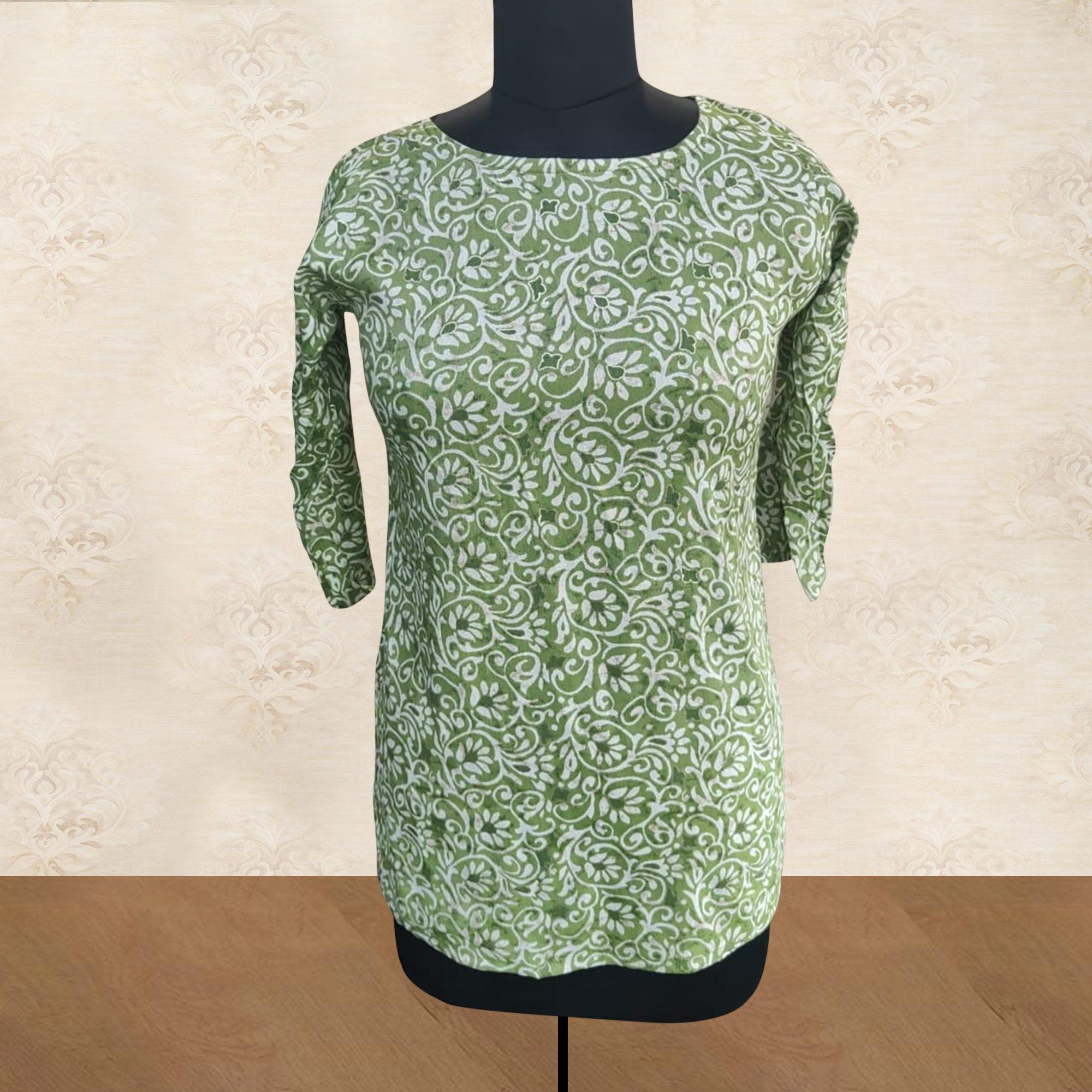 Green t-shirts – BlackTree green-floral-foil-printed-rayon-top