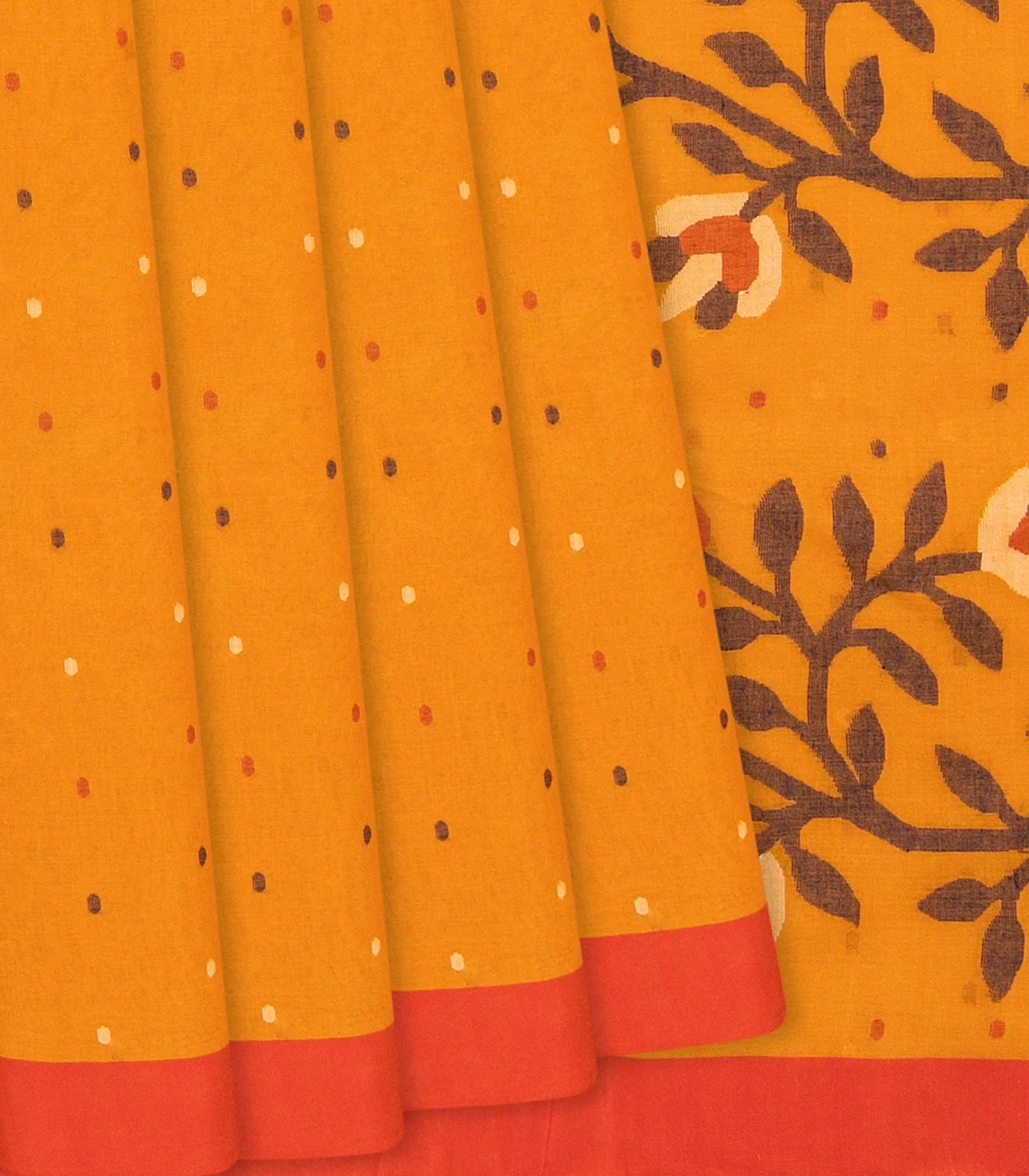 RmKV Turmeric Yellow Handloom Dhakai Cotton Saree With Coin Motifs-Turmeric Yellow