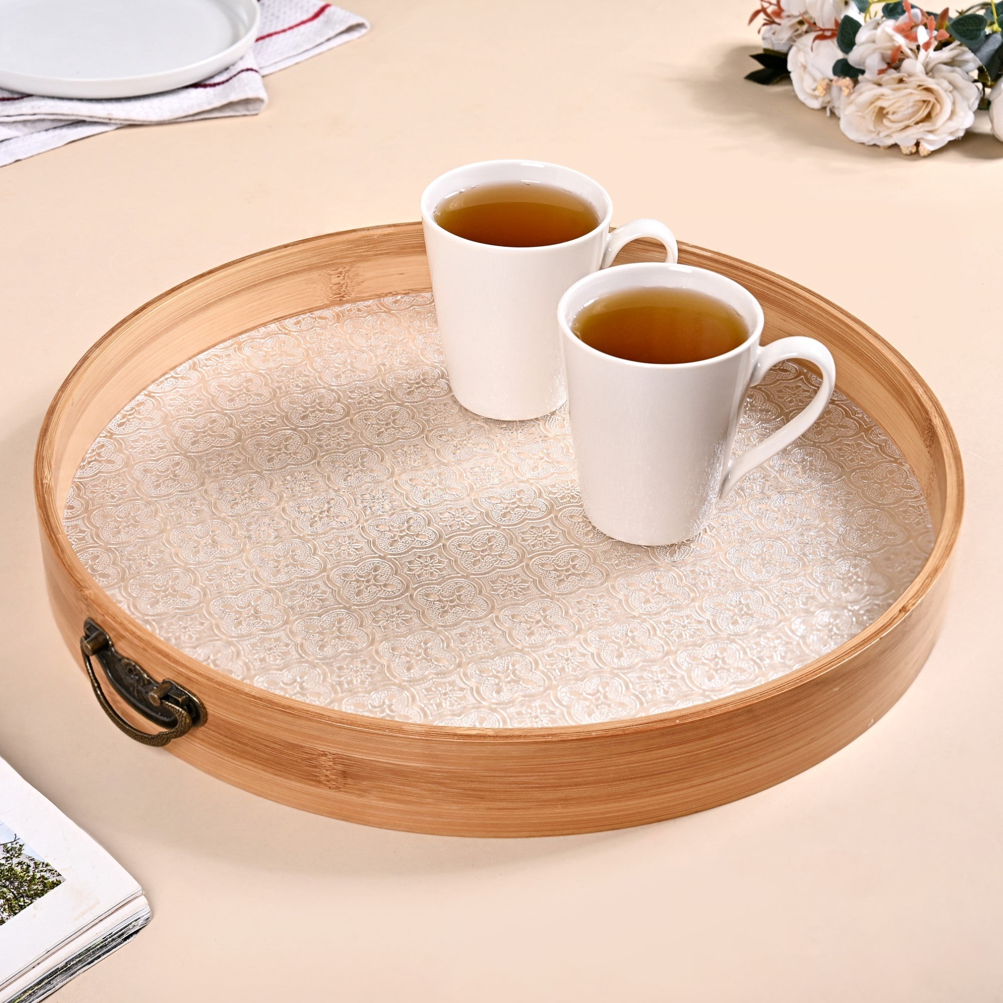 Nestasia Round Tray With Embossed Acrylic Base And Bamboo Rim