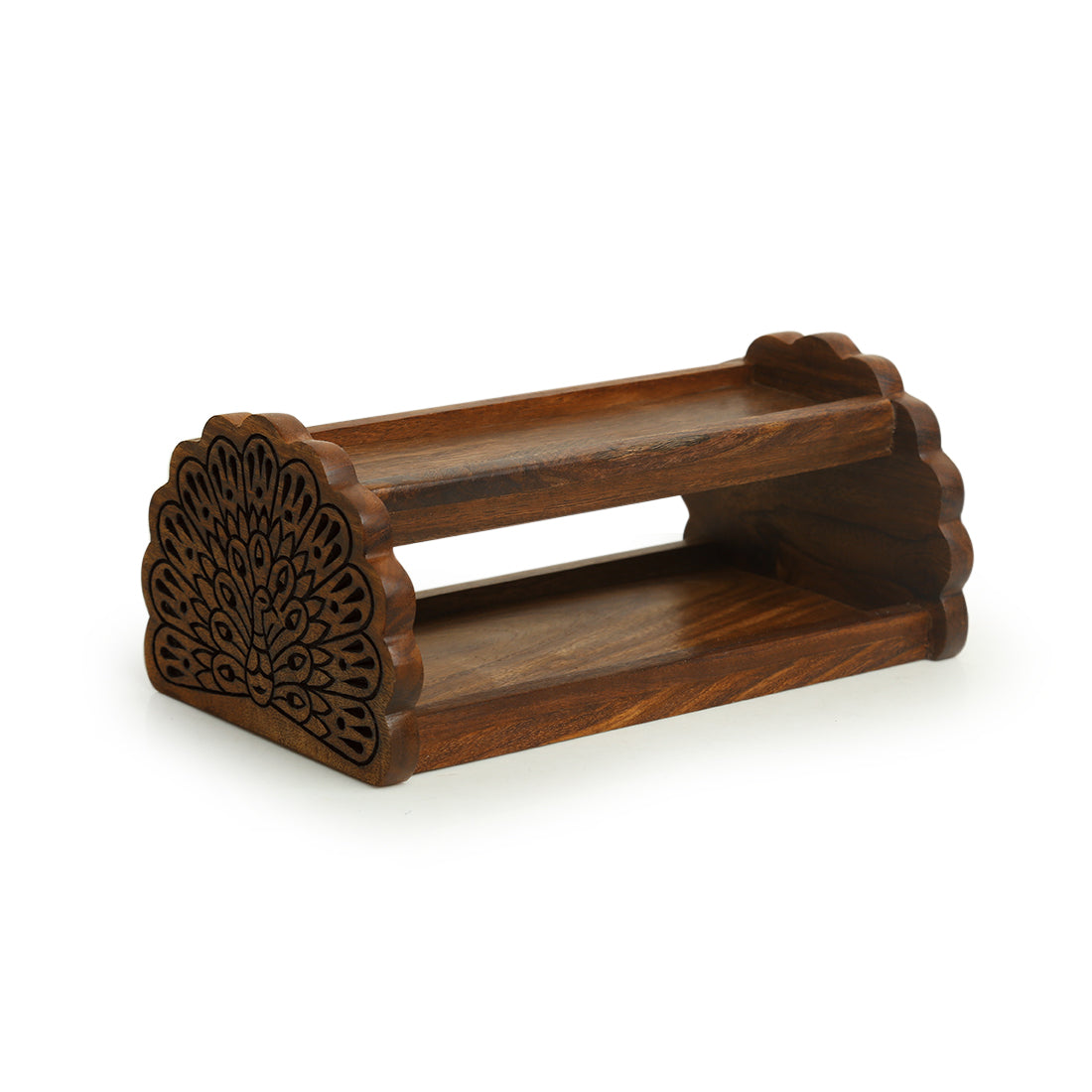 EXCLUSIVELANE 'The Dancing Peacock' Hand Carved Table Organiser in Sheesham Wood - view 2