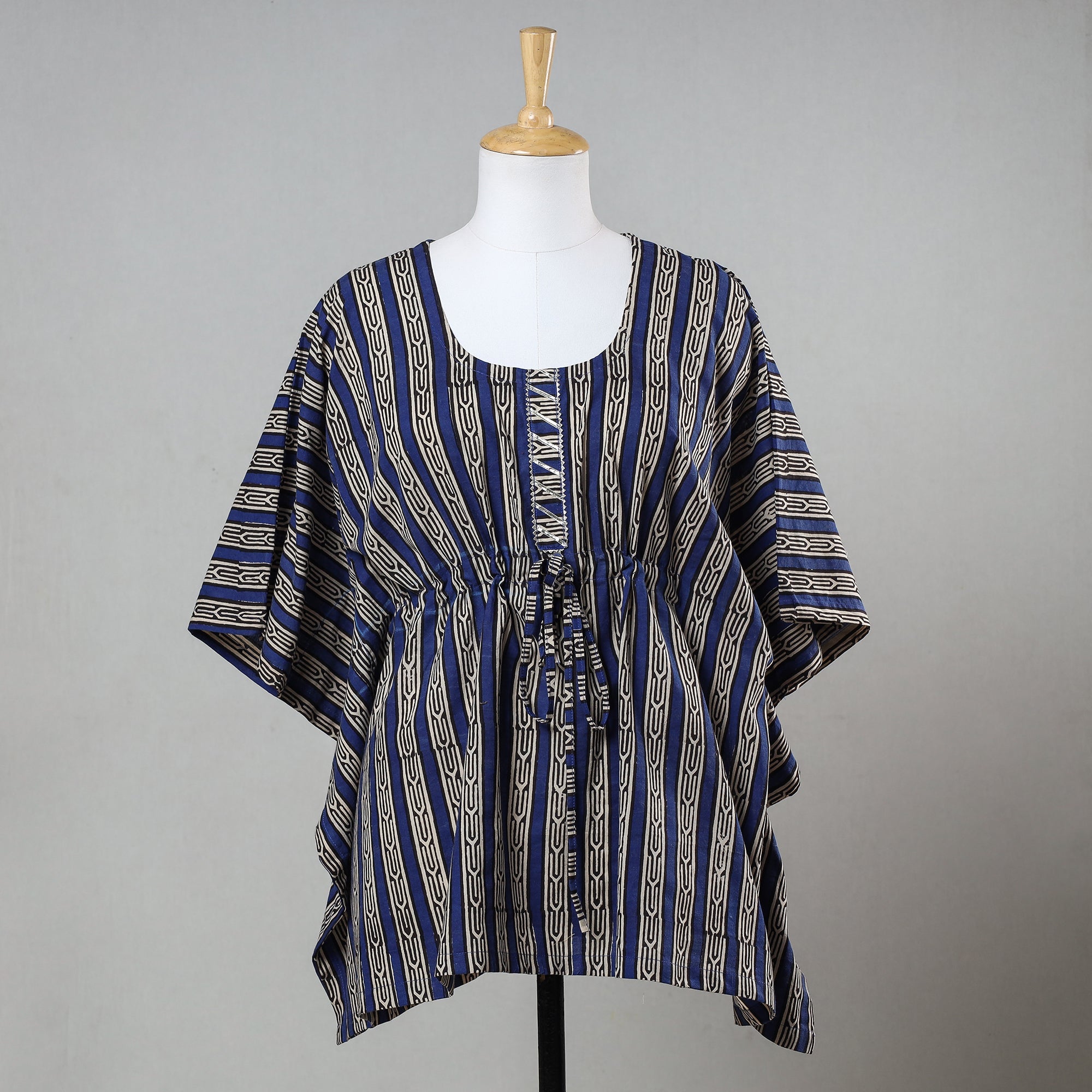 ITOKRI CASUALS Blue - Bagru Block Printed Cotton Kaftan with Tie-Up Waist (Short)