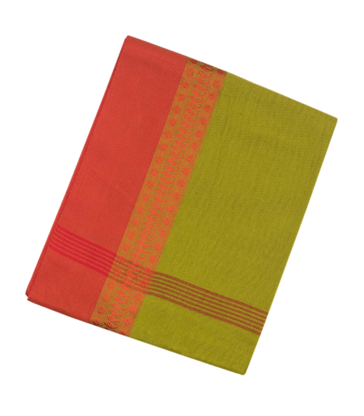 RmKV Olive Green Handloom Bengal Cotton Saree With Red Border