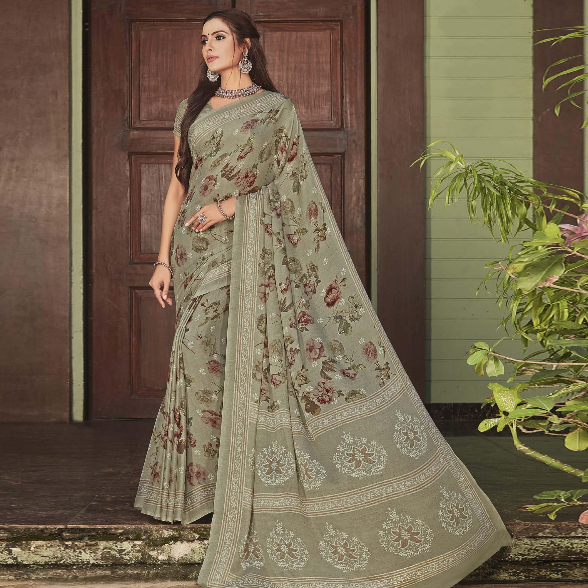 Peachmode Mint Green Casual Wear Printed Crepe Saree