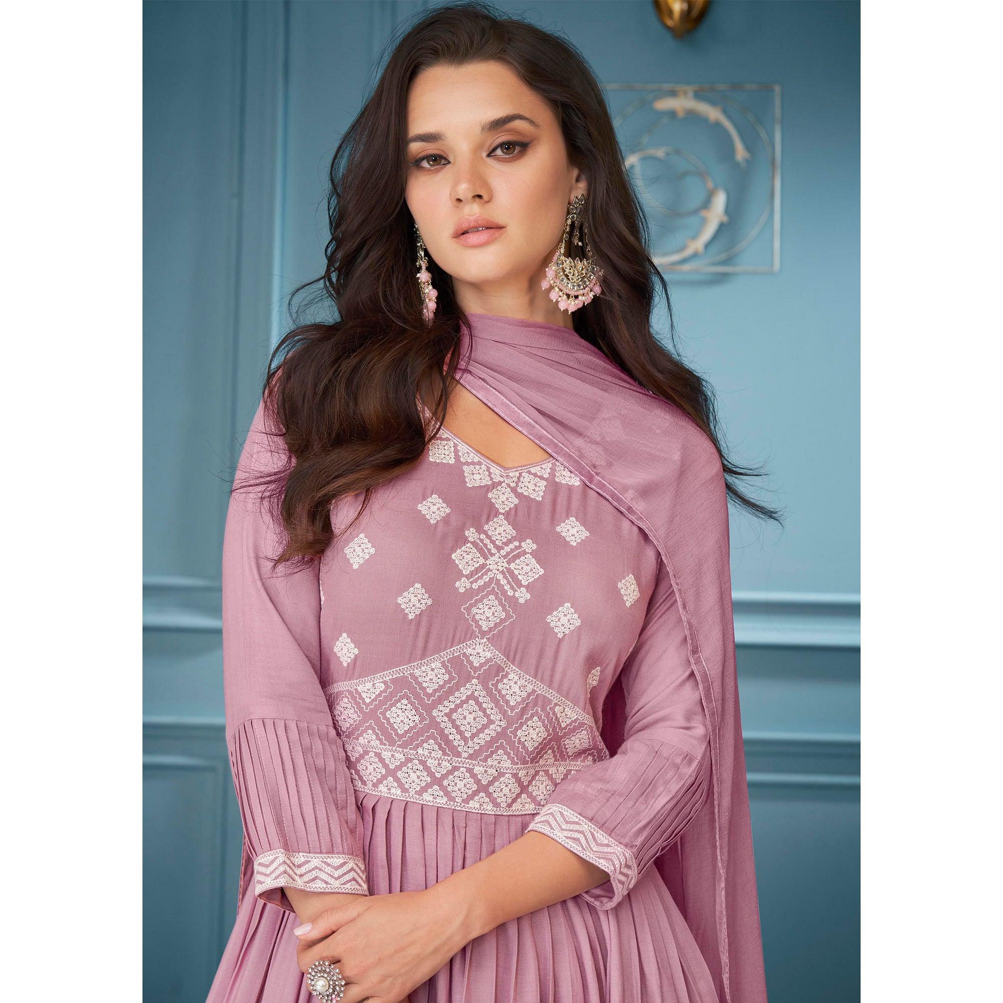 Peachmode Seller Mauve Embroidered Rayon Sharara Suit - view 2