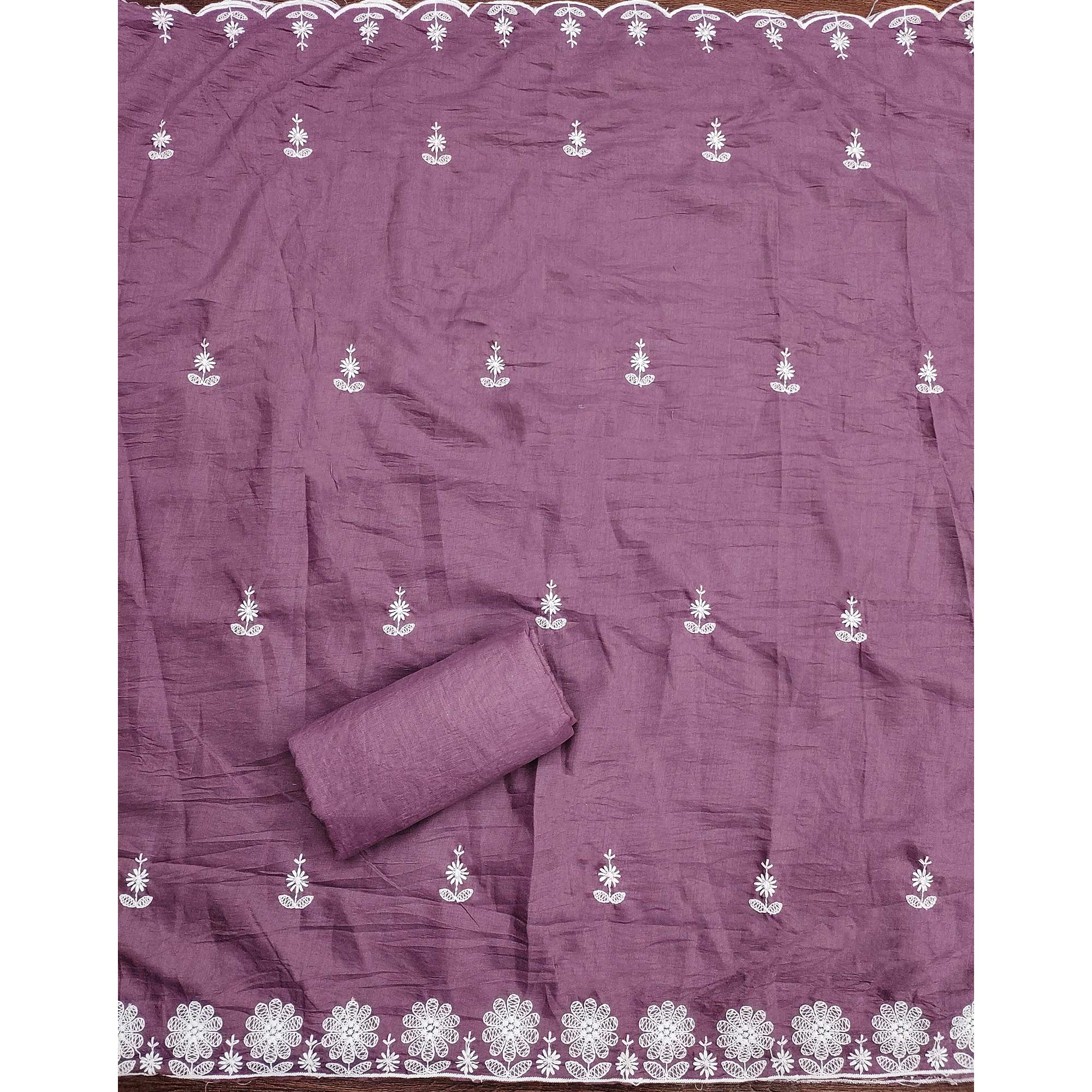 Peachmode Dark Mauve Floral Embroidered Art Silk Dress Material - view 5