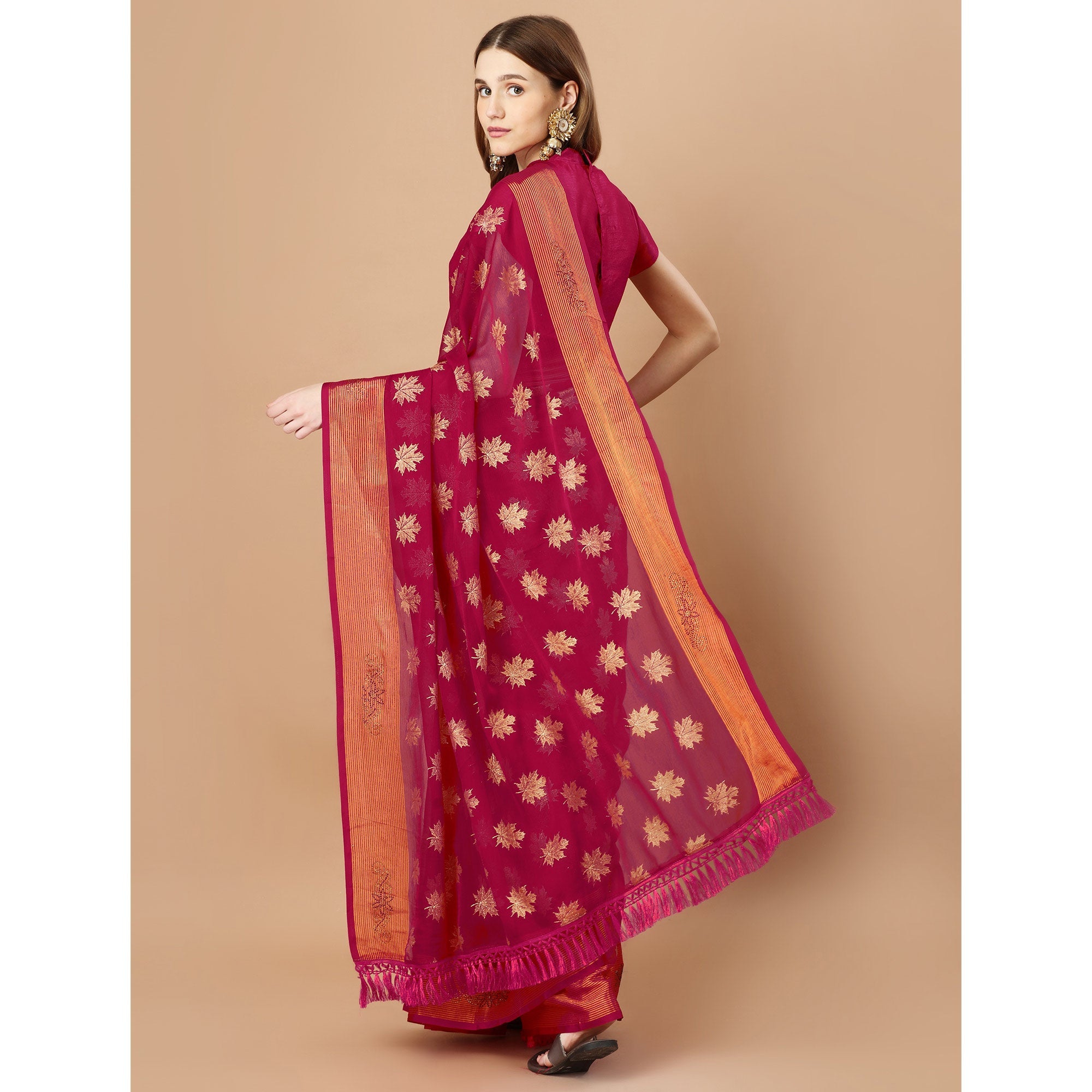 Peachmode Dark Magenta Zari Work Chiffon Saree With Tassels - view 6
