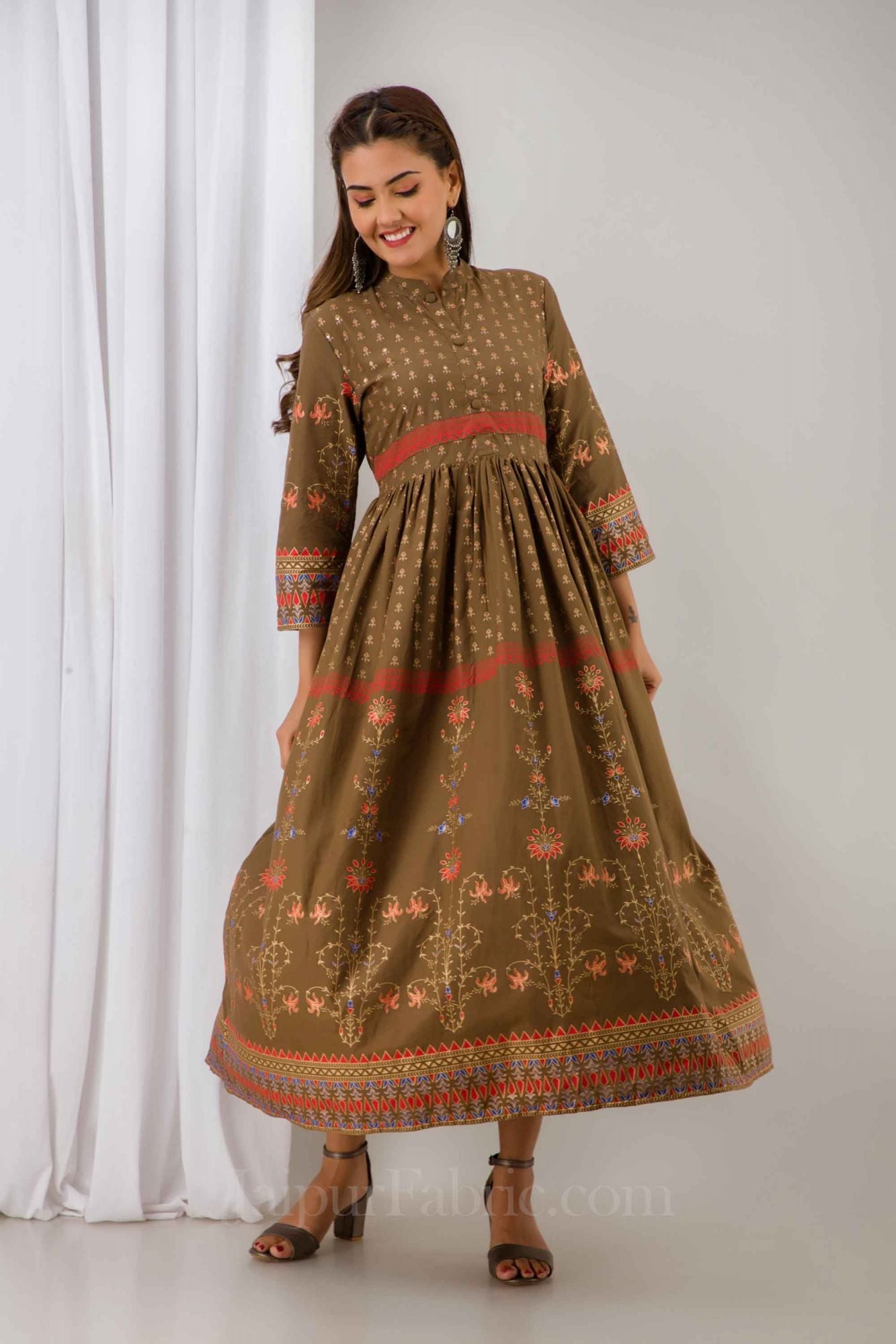 JaipurFabric® Women Brown Cotton Long Flared Kurti
