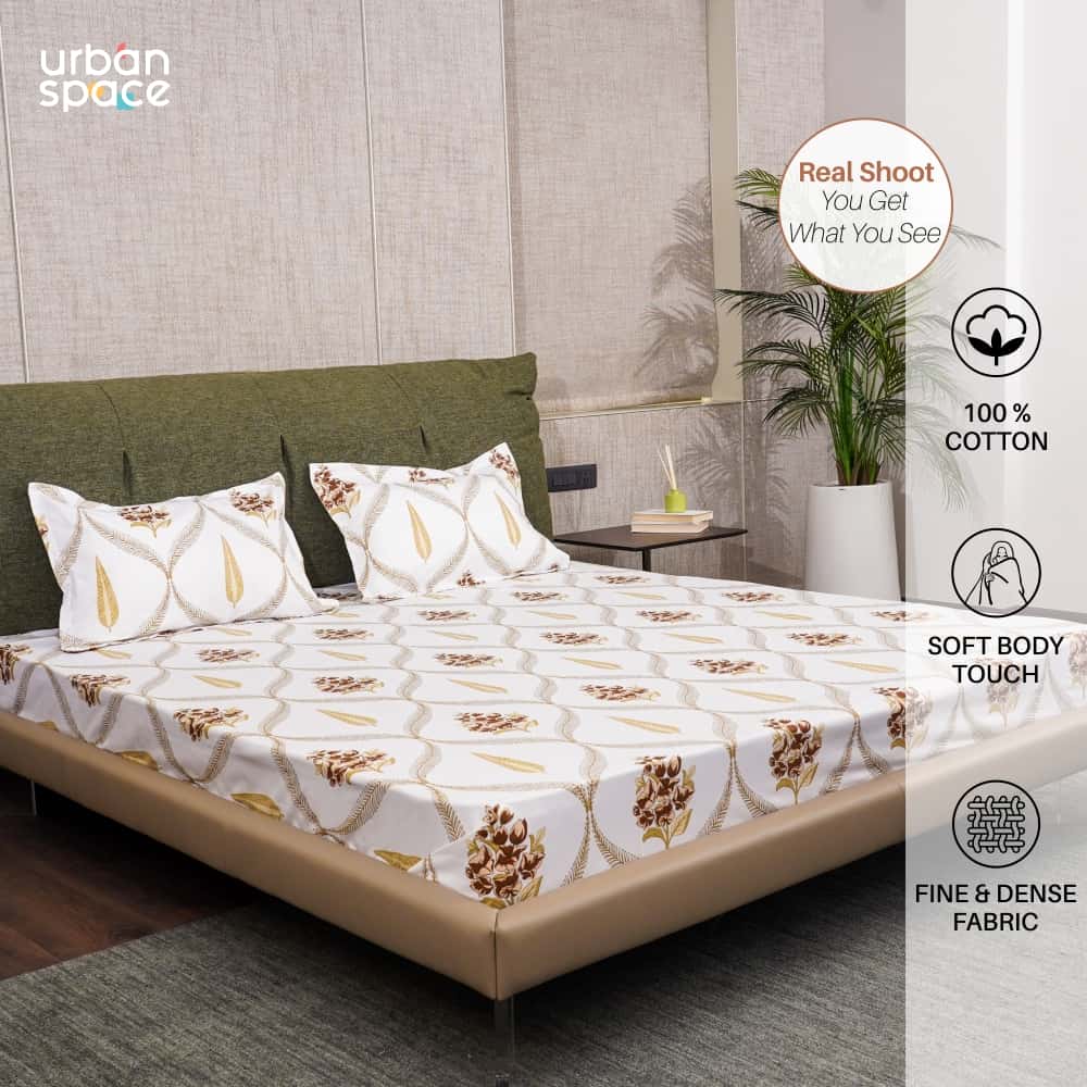 Urban Space -Home Furnishing Store Serene Collection - Breathable 200 TC 100% Pure Cotton Single Bedsheet with Pillow Cover, Floral Moroccan - Brown - view 3