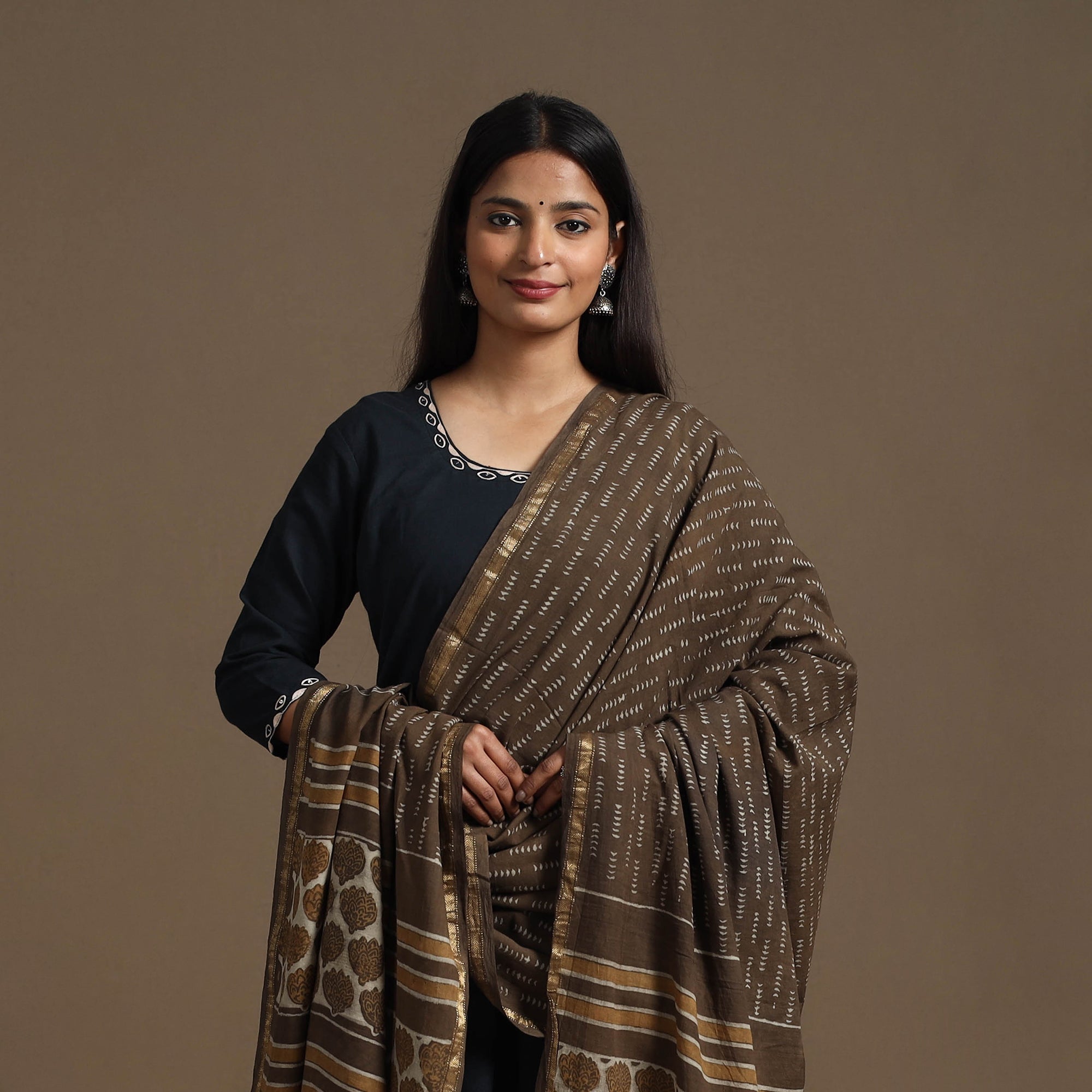 HAVELI CHRONICLES Brown - Cotton Akola Block Print Dupatta with Zari Border 19 - view 4