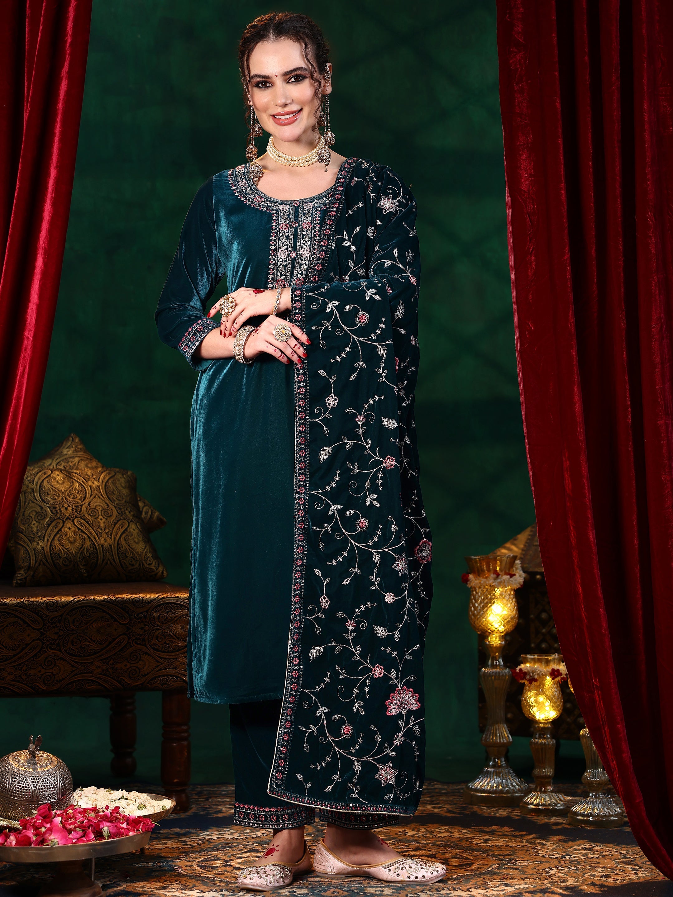 Libas Blue Yoke Design Velvet Straight Suit With Dupatta - view 2
