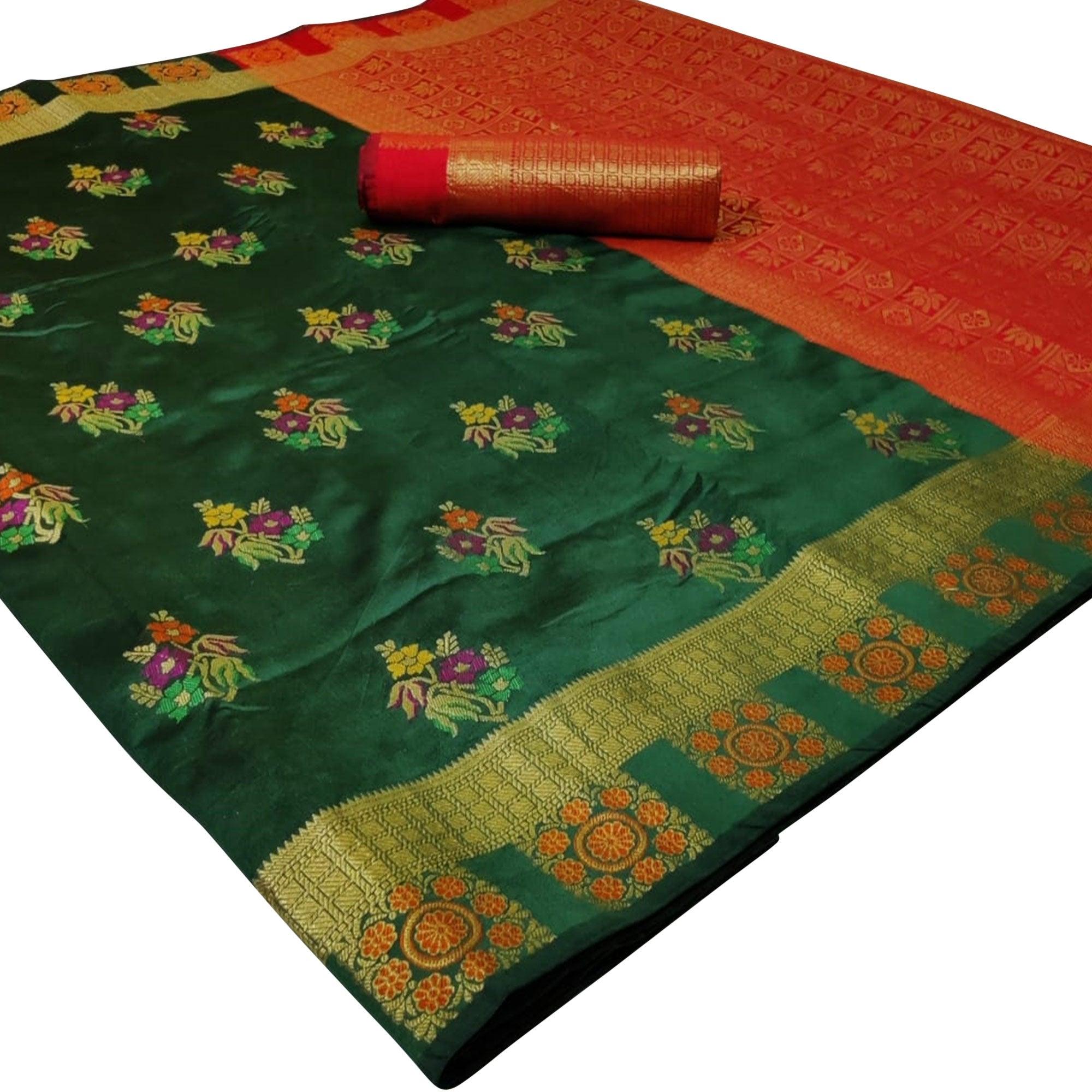 Peachmode Dazzling Dark Green Colored Festive Wear Woven Silk Saree
