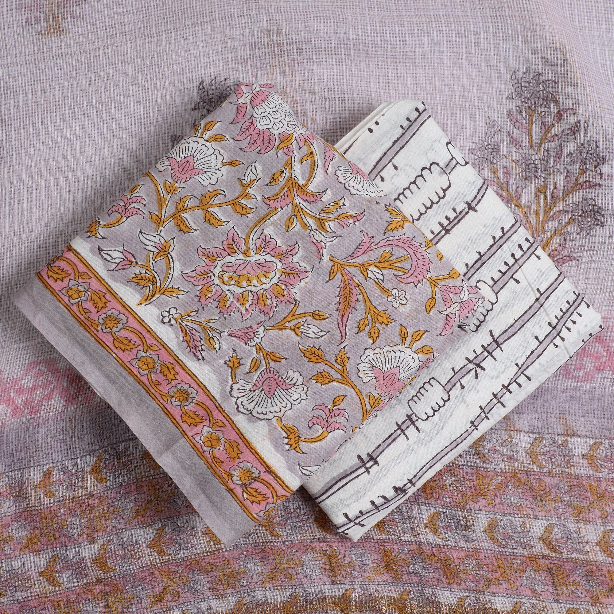 KUSUMLATA 3pc Sanganeri Block Printed Cotton Suit Material with Kota Doria Dupatta 16 - view 2