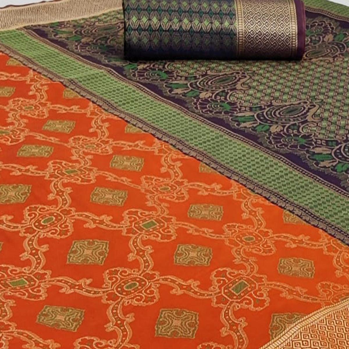Peachmode Breathtaking Orange Colored Festive Wear Woven Silk Saree - view 2