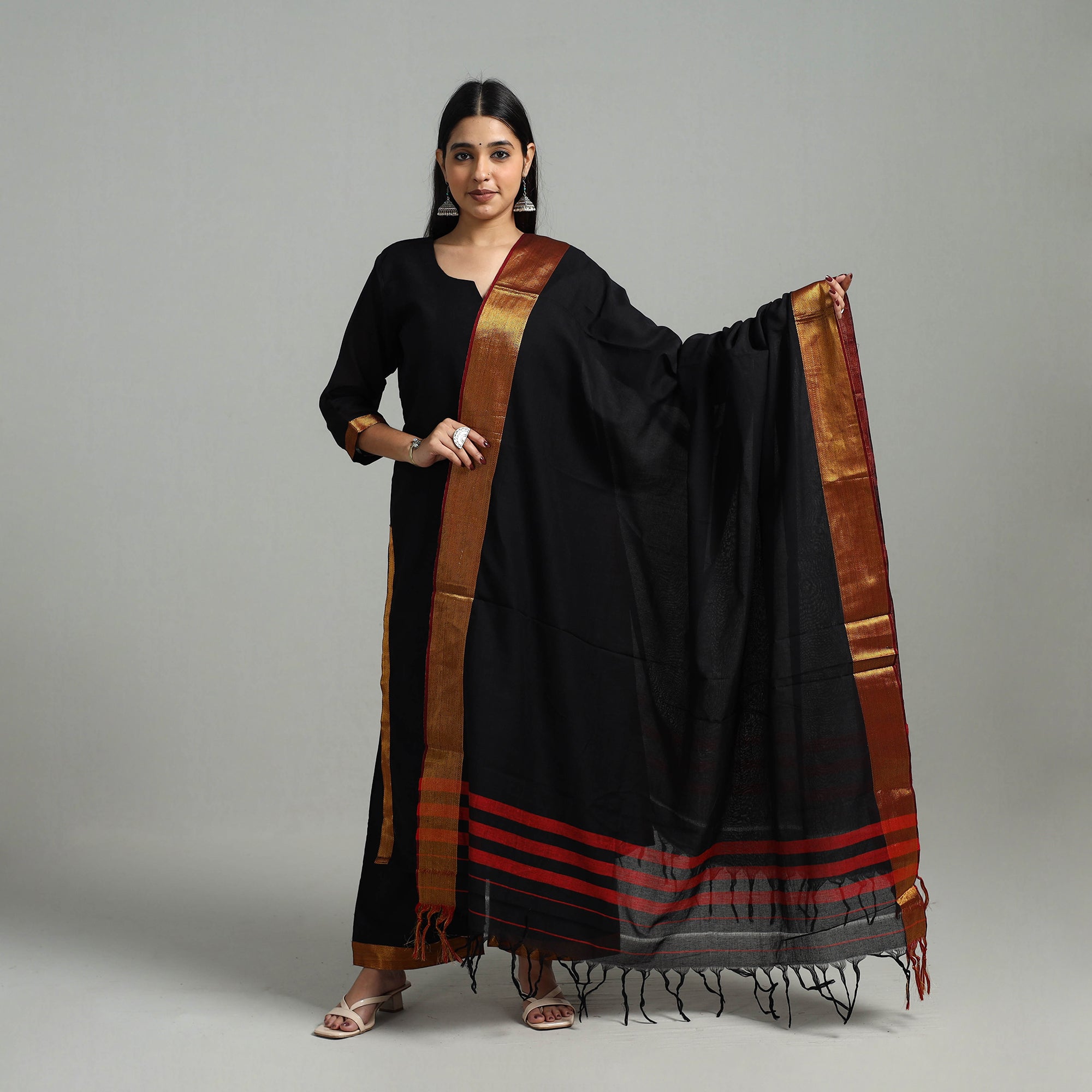 ITOKRI CASUALS Black - Cotton Dharwad Kurta Set with Palazzo & Dupatta 24