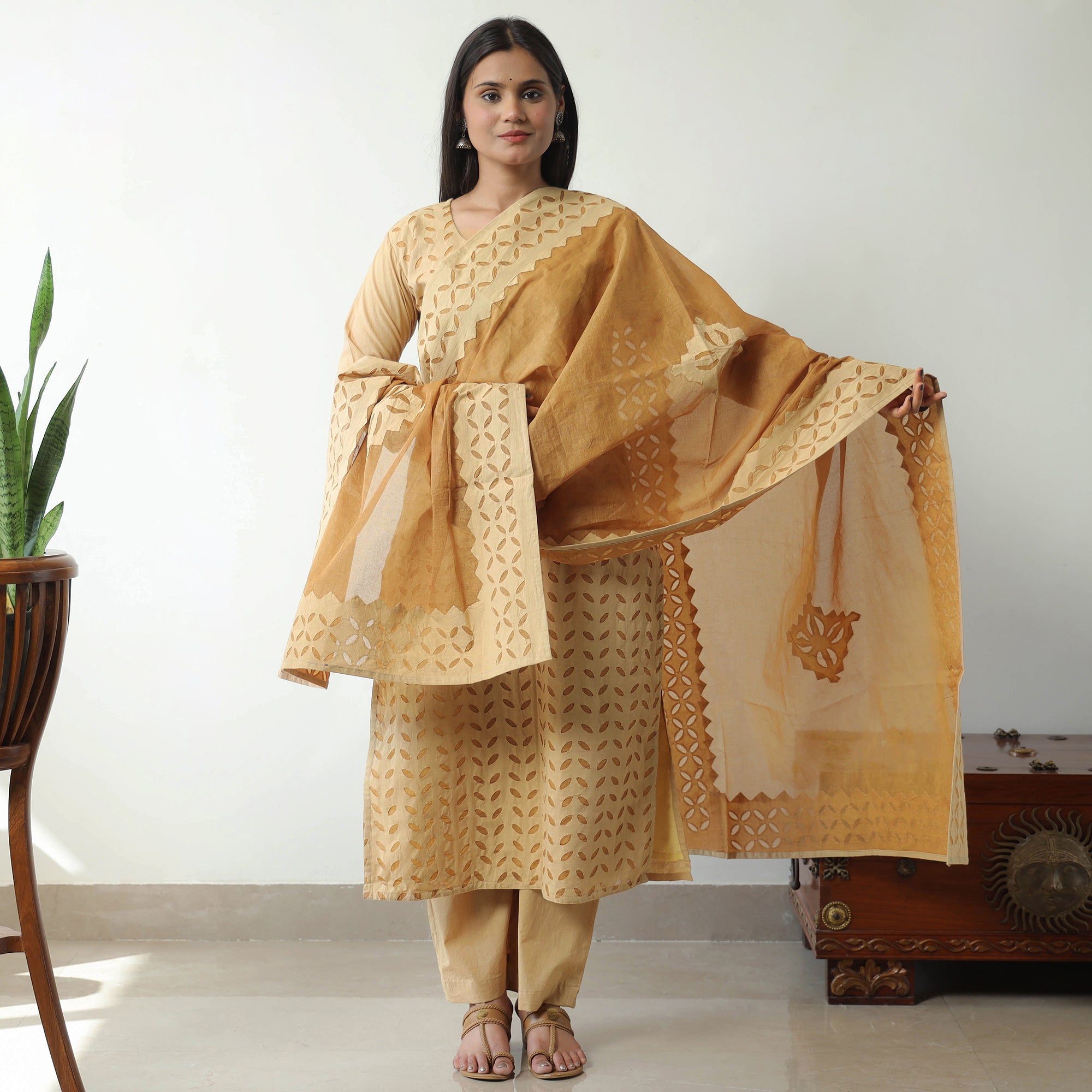 ITOKRI CASUALS Beige - Applique Cut Work Cotton Kurta with Palazzo & Dupatta Set 01 - view 2