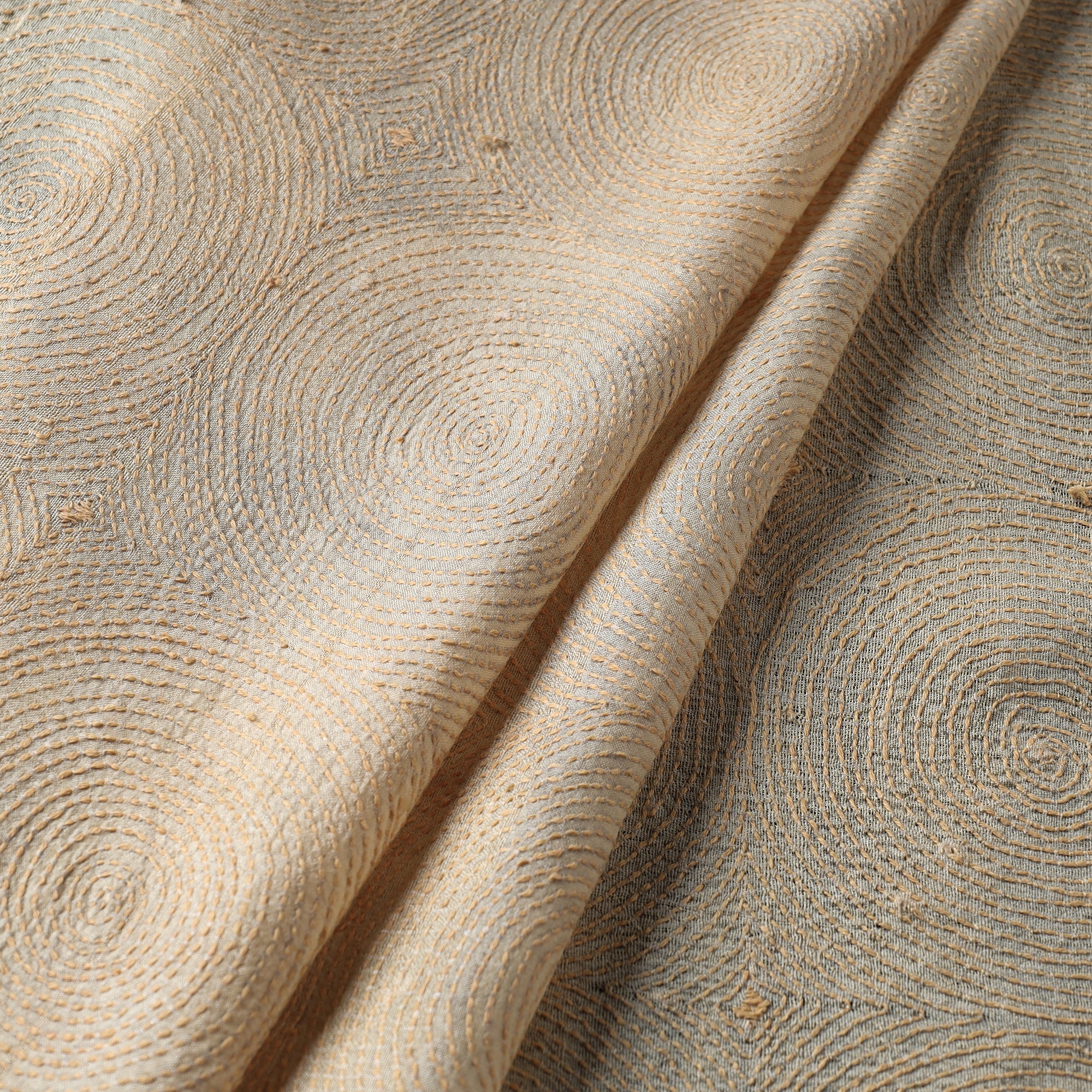 KHUSHBASH - HAPPY LOOM OF EAST Beige - Bengal Kantha Work Pure Tussar Silk Handloom Fabric - view 2
