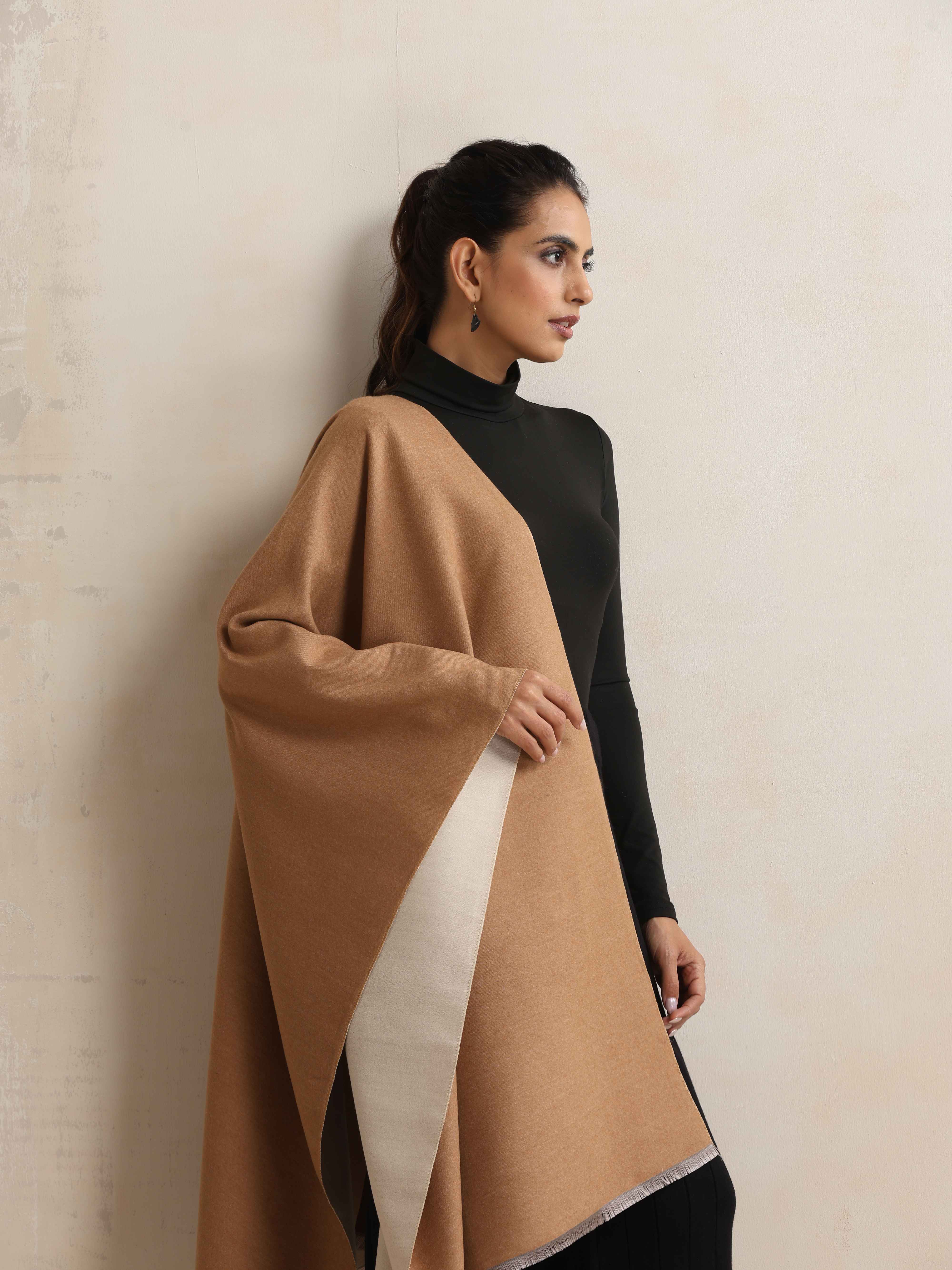 trueBrowns Brown Reversible Solid Woollen Stole - view 2
