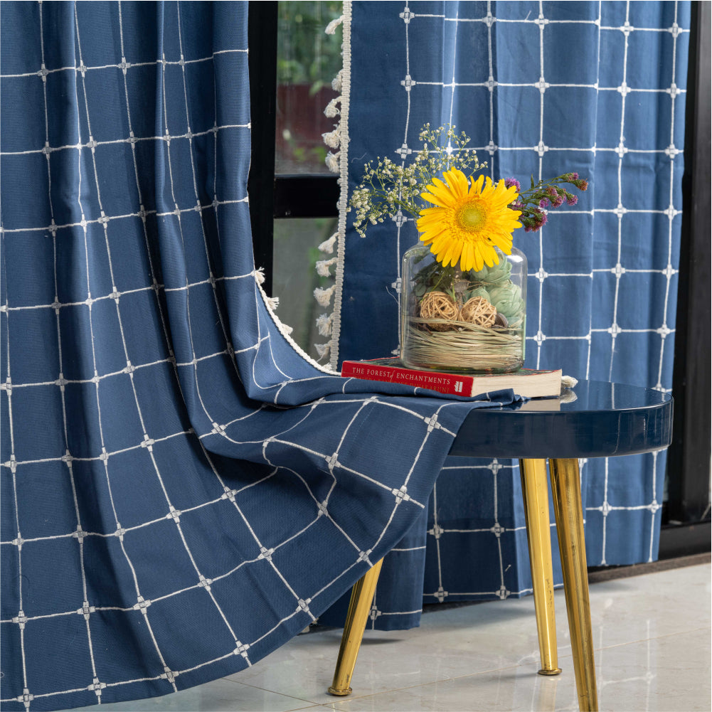Premium 100 cotton – Urban Space -Home Furnishing Store Premium 100% Cotton Embroidery Curtain for Window & Door - Pack of 1 Curtain, Indigo Checks