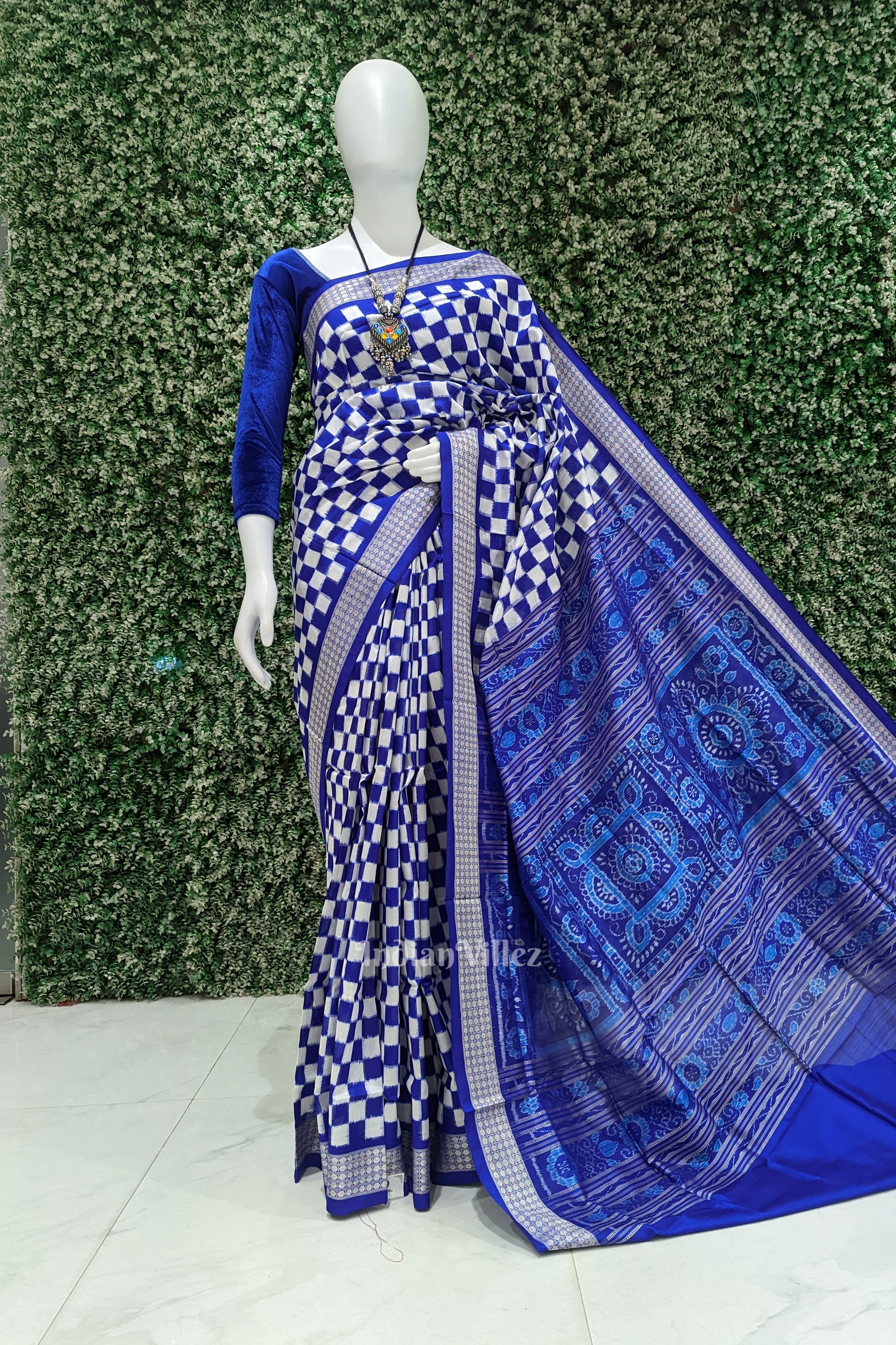 IndianVillèz Blue Grey Odisha Ikat Square Motif Sambalpuri Silk Saree