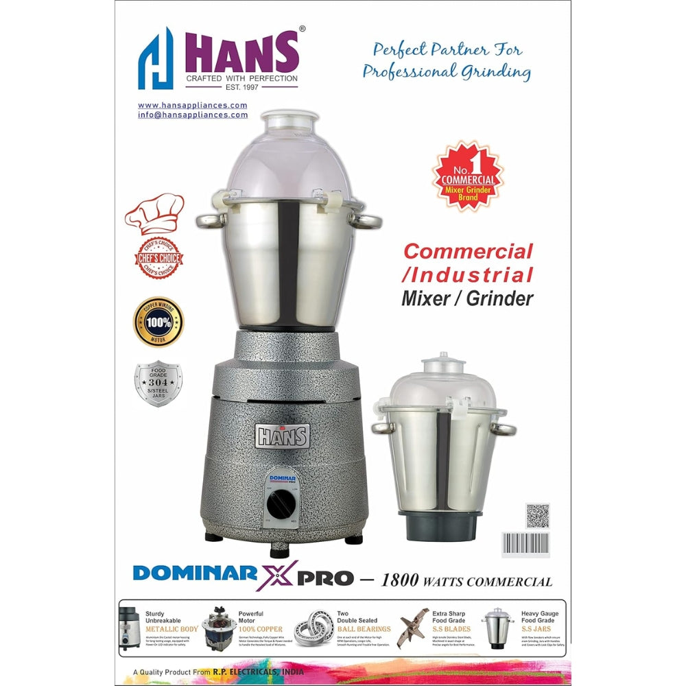 HANS Dominar X Pro 1800 Watts 2.5 HP Commercial Mixer Grinder With 2 Jar Heavy Duty | Black Grey - view 4