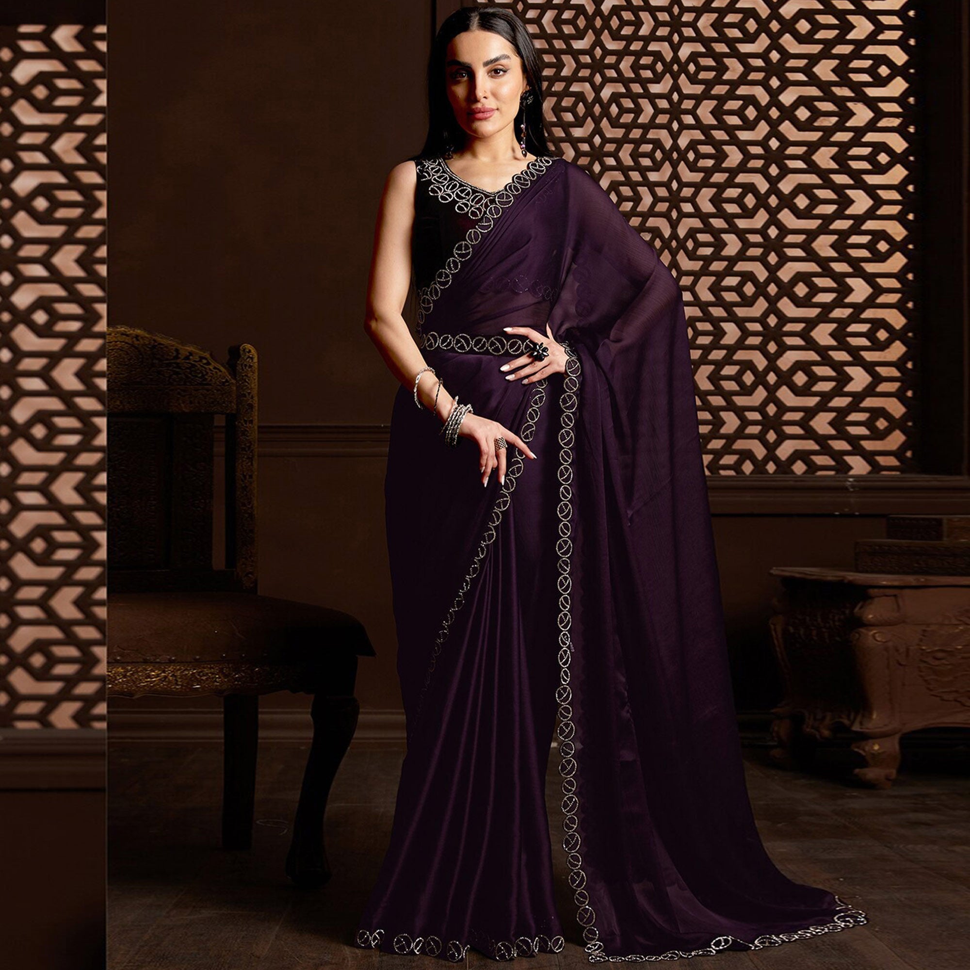 Peachmode Dark Purple Stone Work Chiffon Saree - view 2