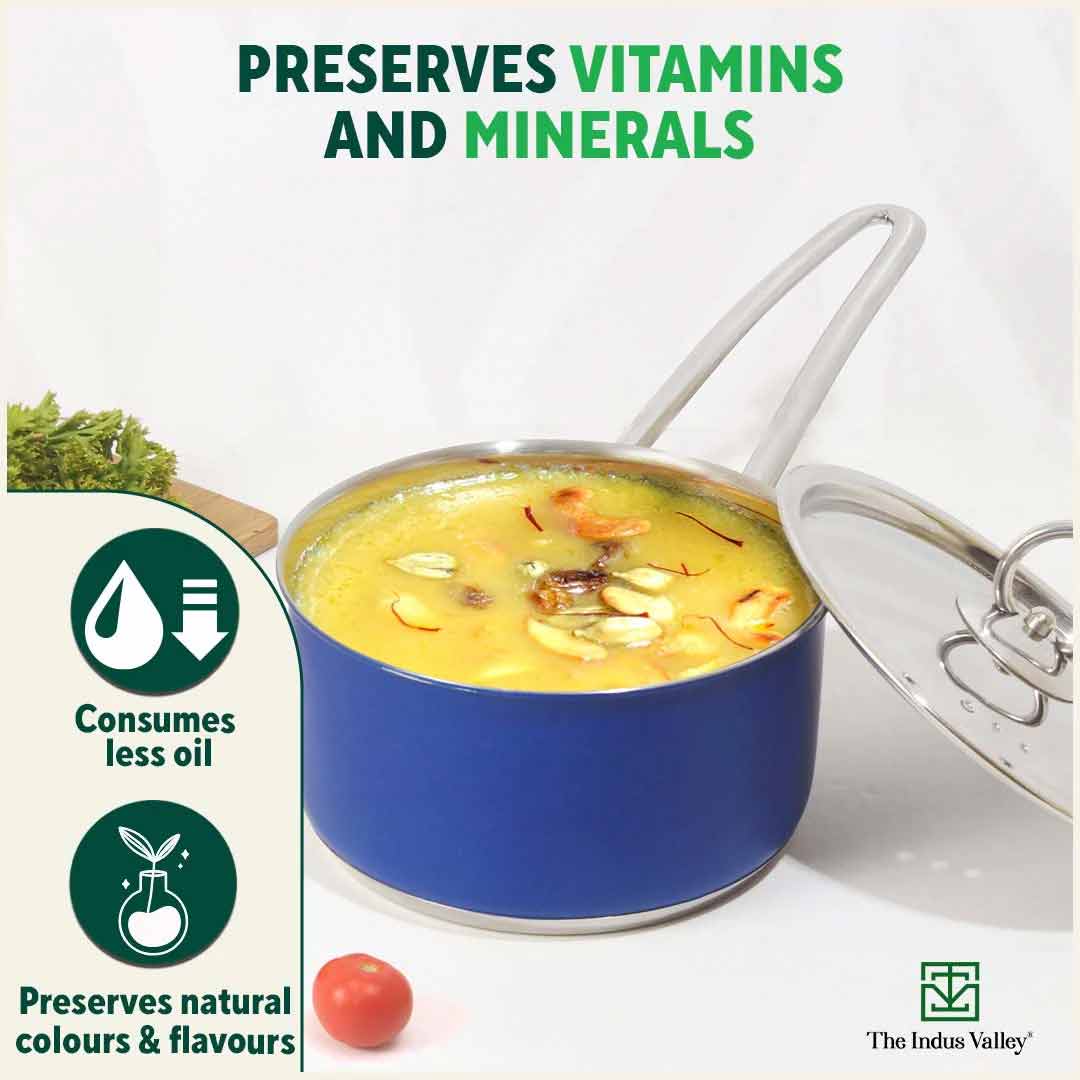 The Indus Valley Tri-Steel Premium Stainless Steel Saucepan/ Milk/ Tea Pan, Tri-ply (3 Layer) Induction Bottom, Steel Lid, 1.4L, Blue - view 6