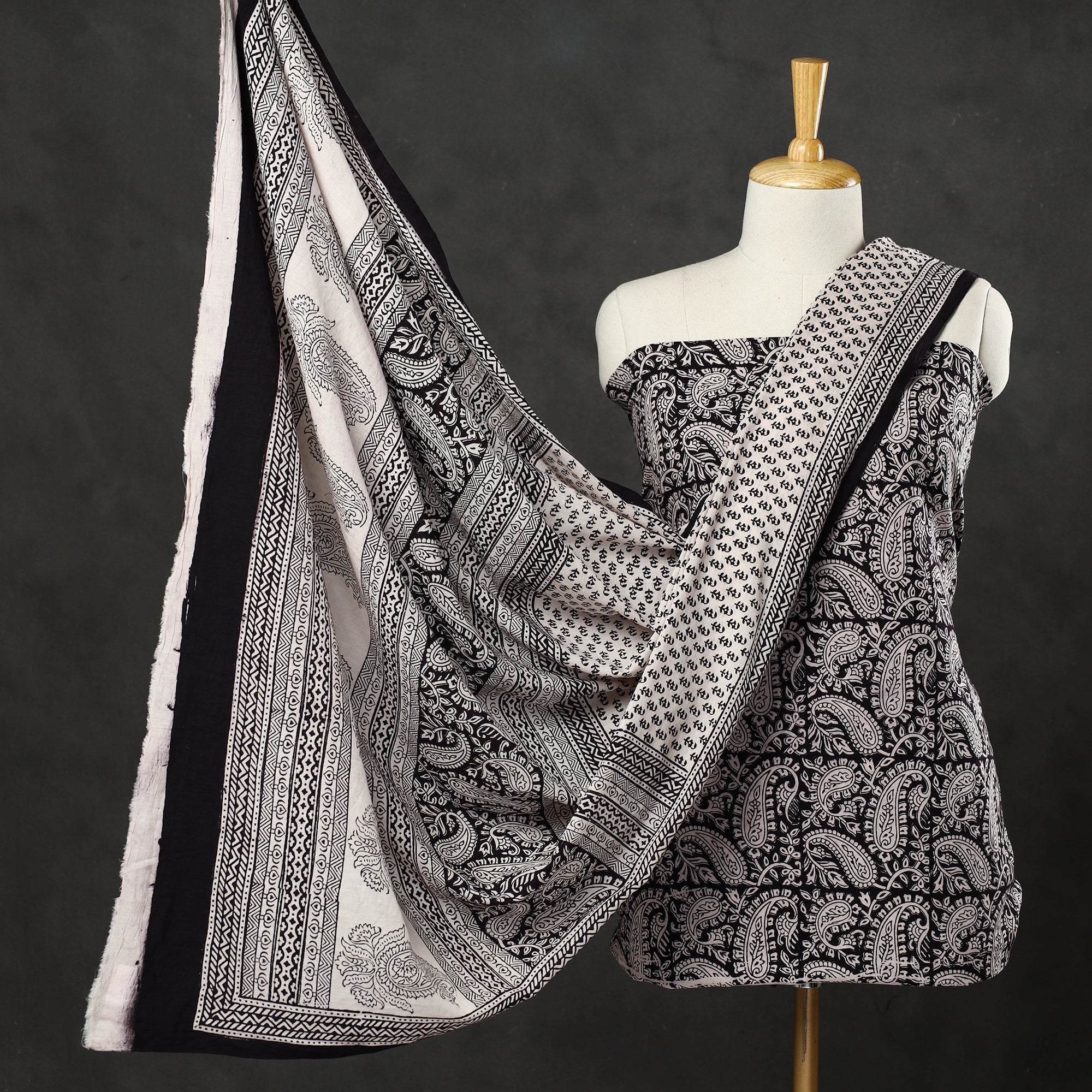 BAGH PRINTS BY UMAR FARUK KHATRI Black - 3pc Bagh Print Cotton Dress Material Set 04
