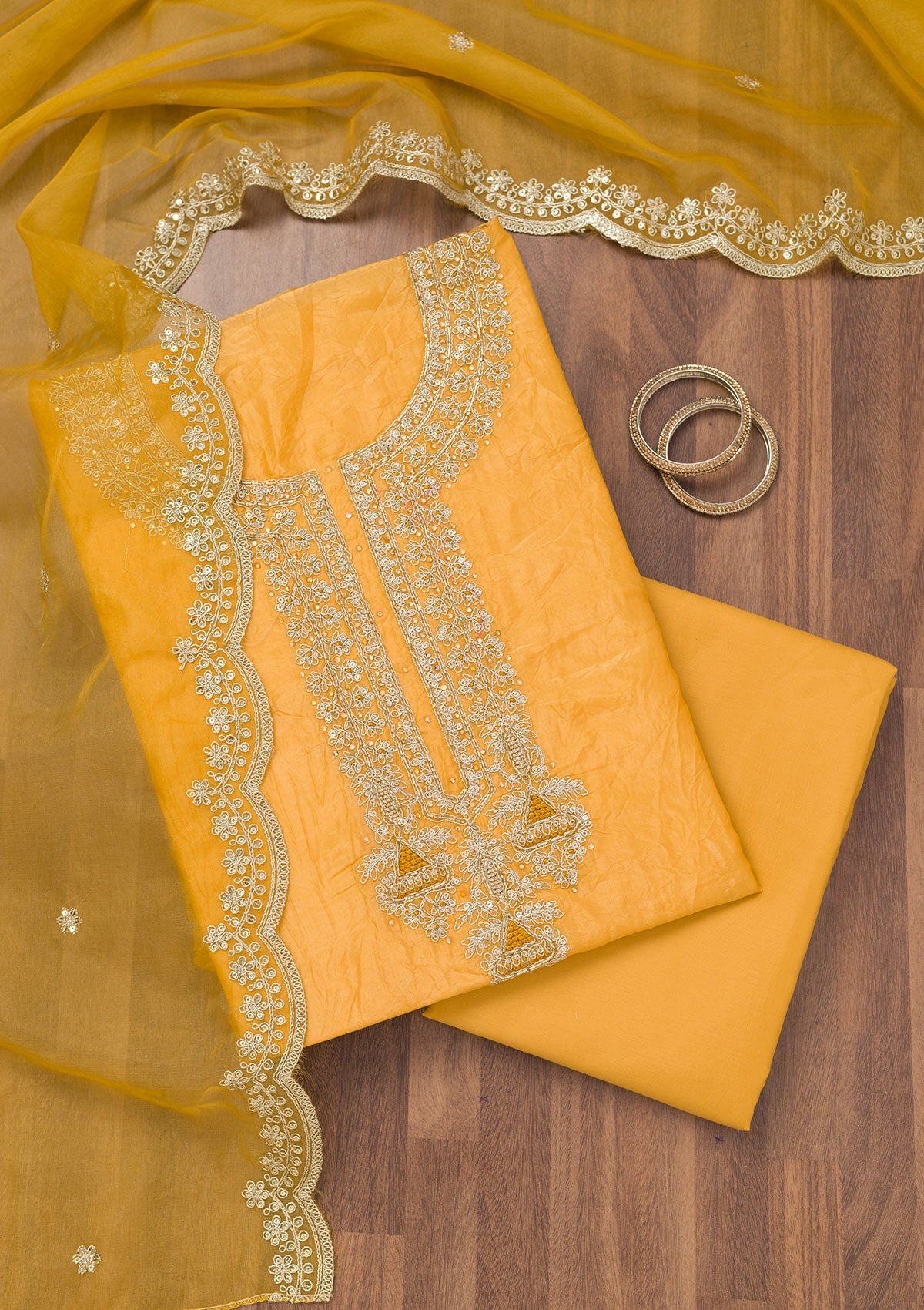 Koskii Mustard Zariwork Tissue Unstitched Salwar Suit