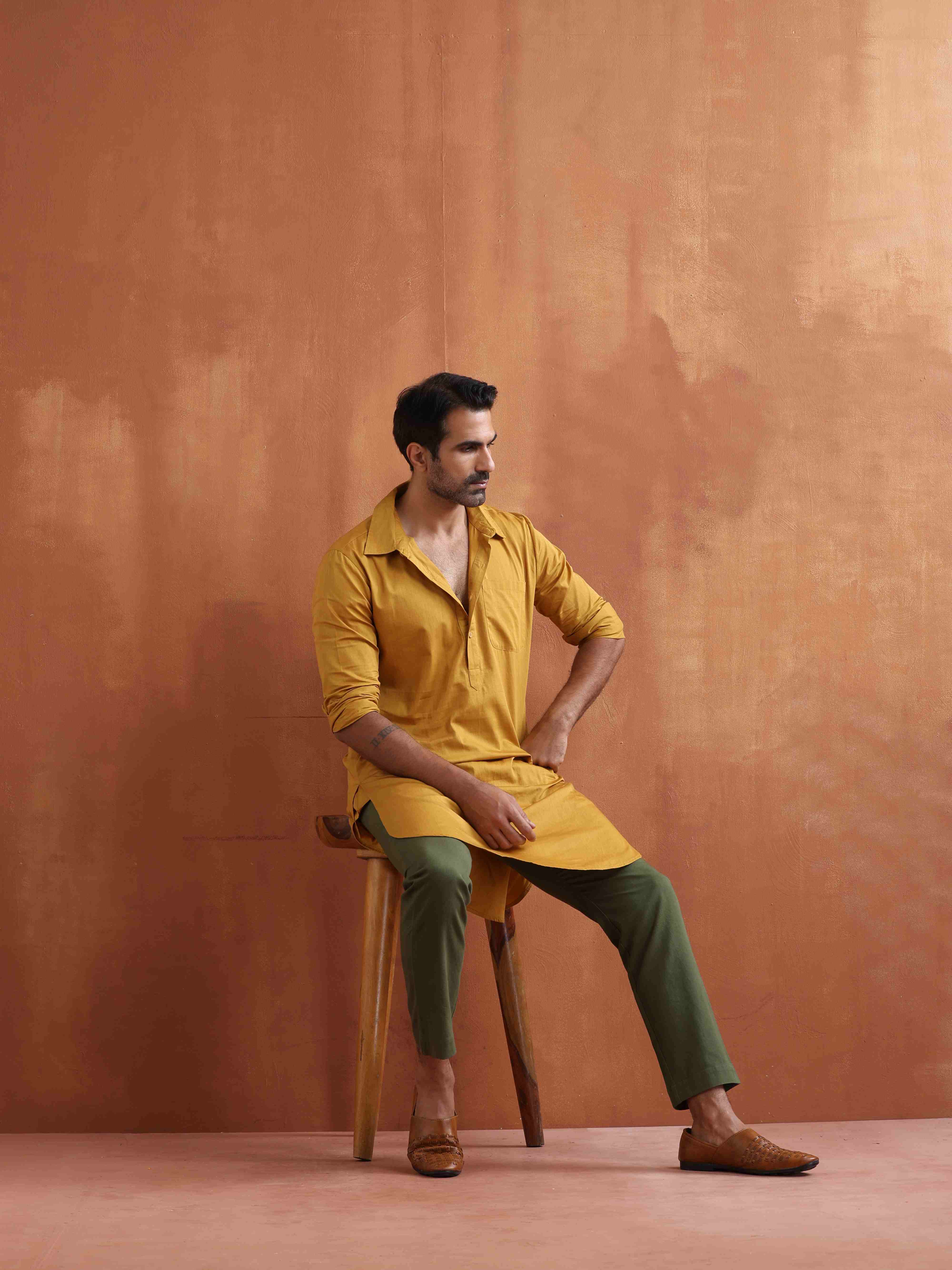 trueBrowns Men's Mustard Cotton Kurta - view 7