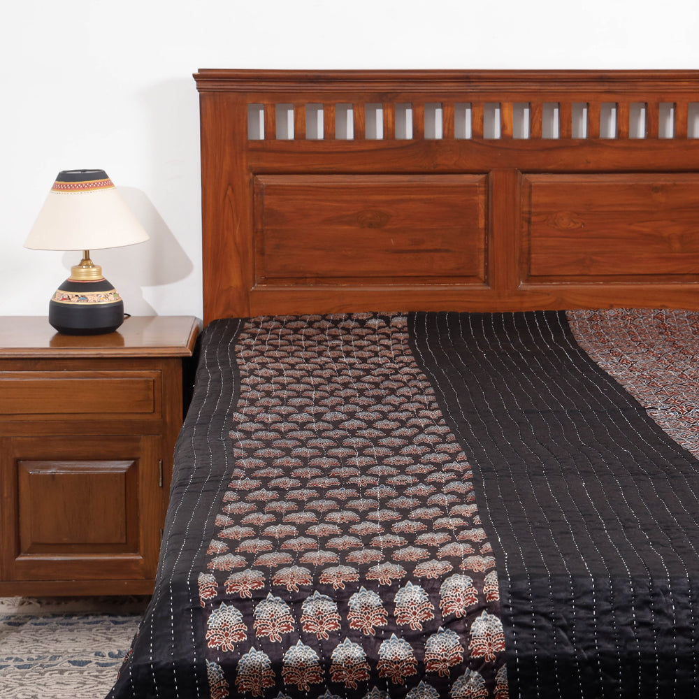 KACHCHH JI CHHAAP Black - Reversible Ajrakh Patch & Tagai Work Mashru Silk Double Bed Cover / Quilt (102 x 84 in) - view 2