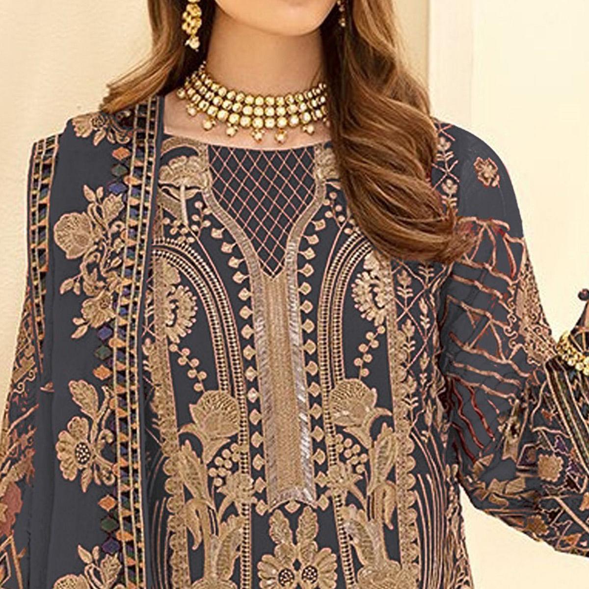 BlackTree grey-party-wear-embroidered-georgette-pakistani-suit-138104 - view 3