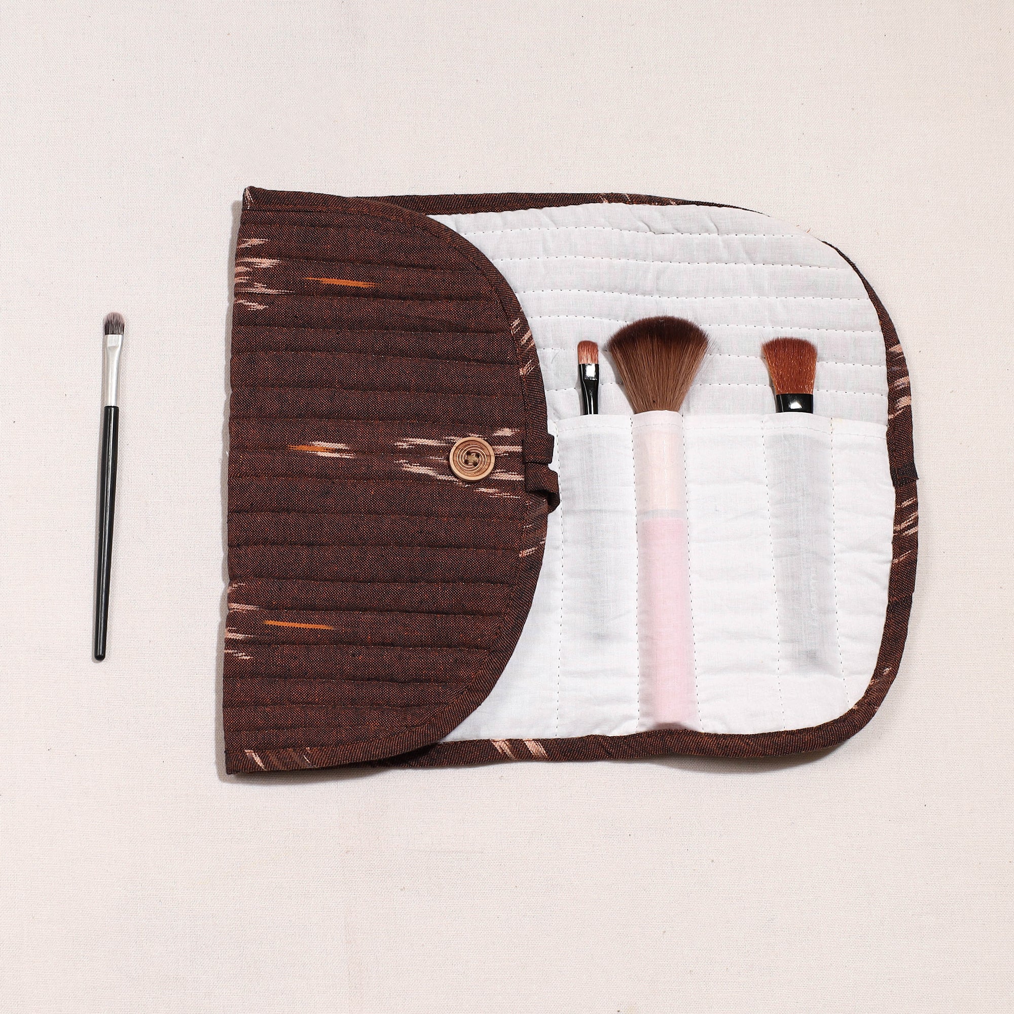 NOORI BAZAR Brown - Ikat Fabric Multipurpose Segmented Make-up Brush Wrap Pouch/Case