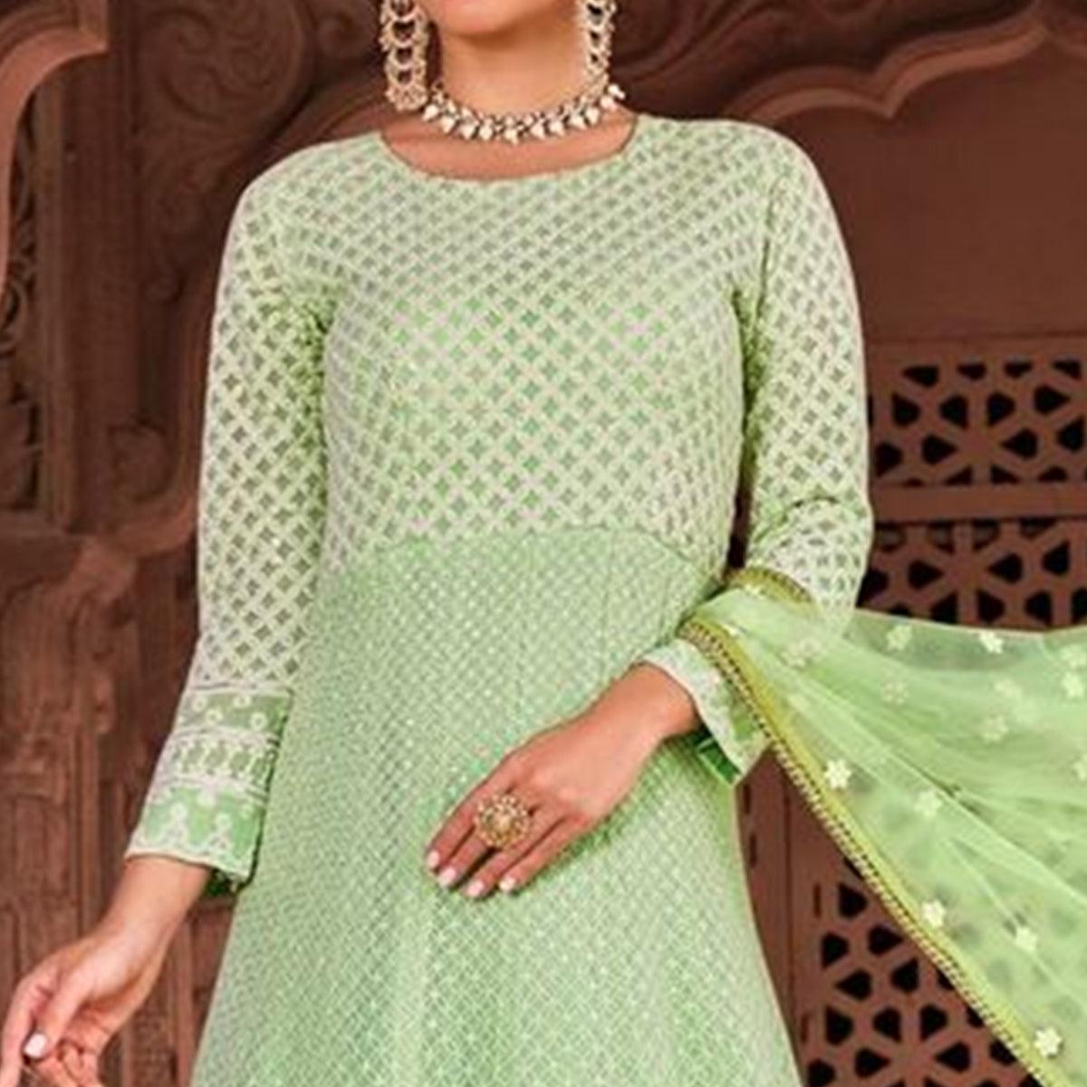 Peachmode Seller Exotic Light Green Colored Partywear Embroidered Pure Viscose Georgette Anarkali Suit - view 2
