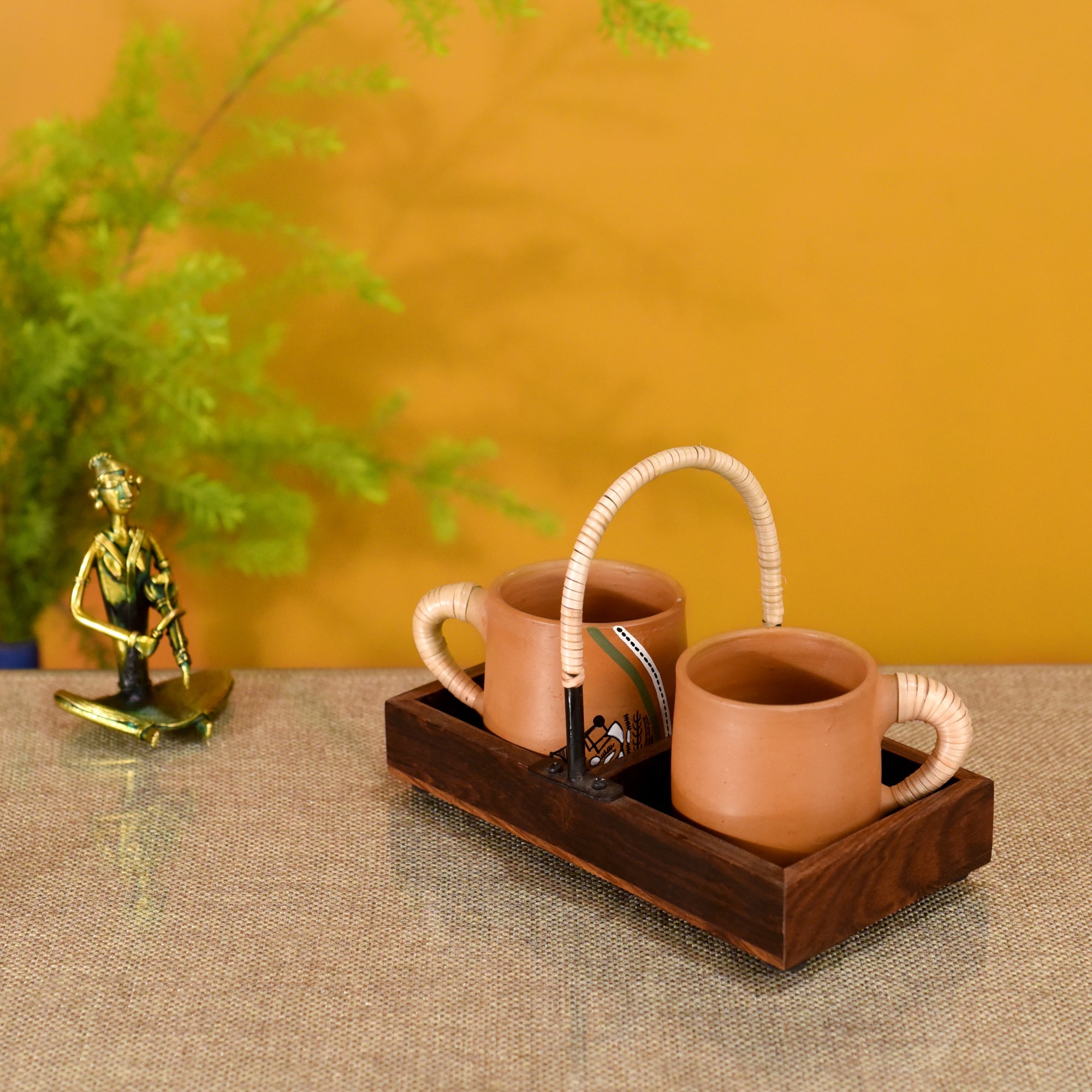 ART CREATIONS BY SUMAN SONTHALIA Brown - Happy Morning Earthen Cups with Cane Embellished Tray