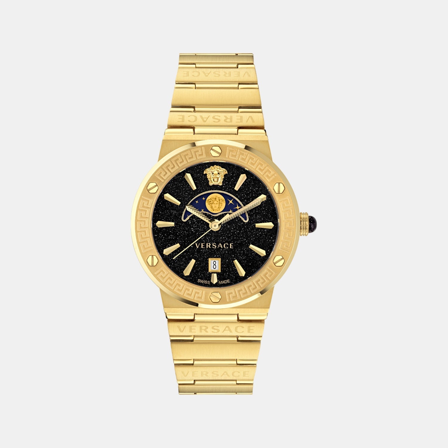 Versace Greca Logo Moonphase Unisex Quartz Black Dial Analog Stainless Steel Watch VE7G00323