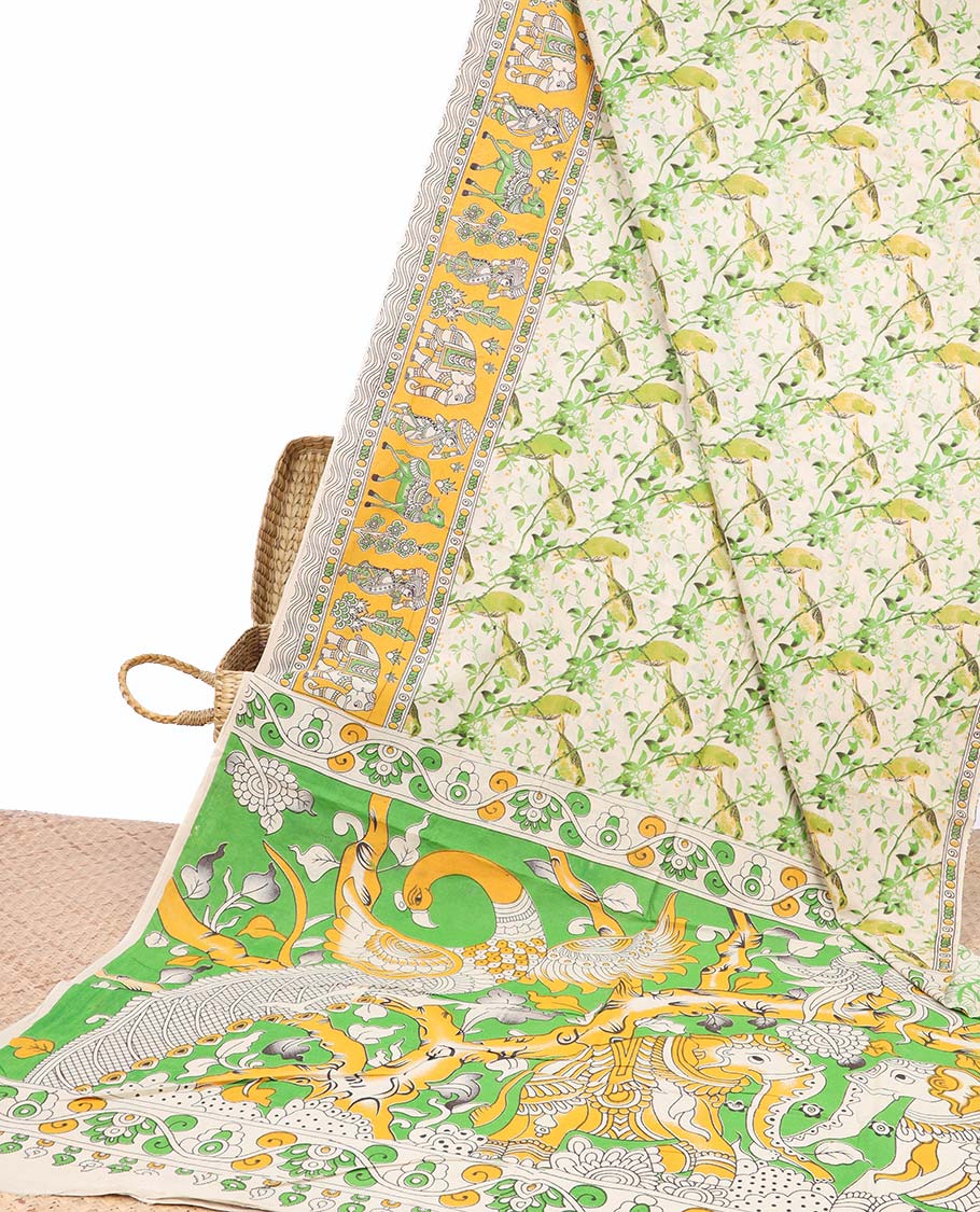 Pothys Cream bird motifs machine-printed kalamkari cotton saree, contrast unique motifs border & animal motifs pallu - view 3