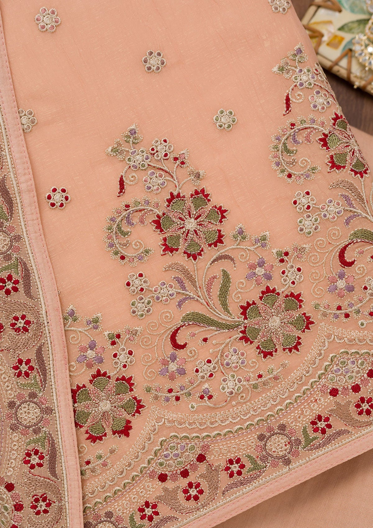 Koskii Peach Threadwork Semi Crepe Unstitched Salwar Suit - view 2