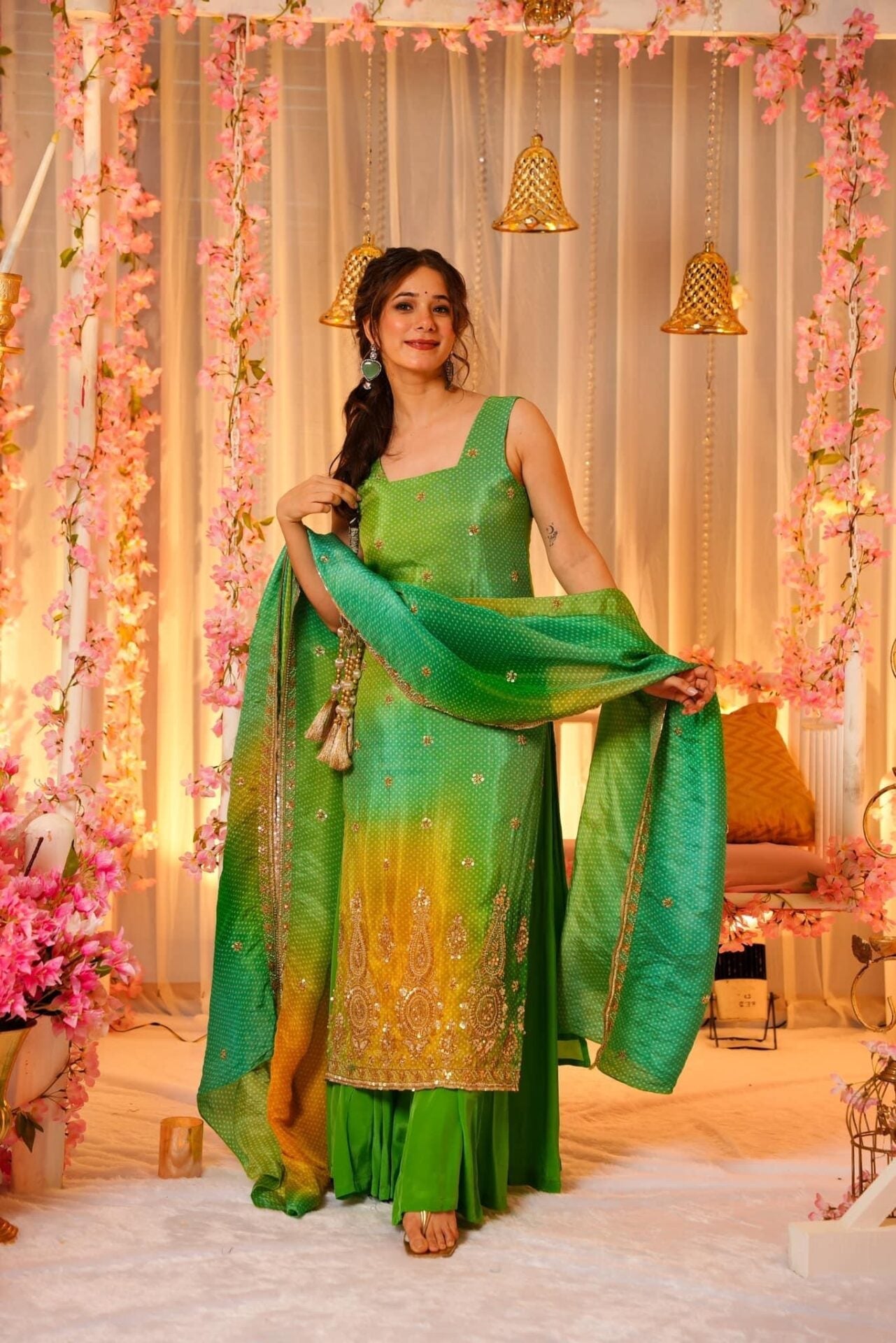 Idaho-o Slate green silk suit set