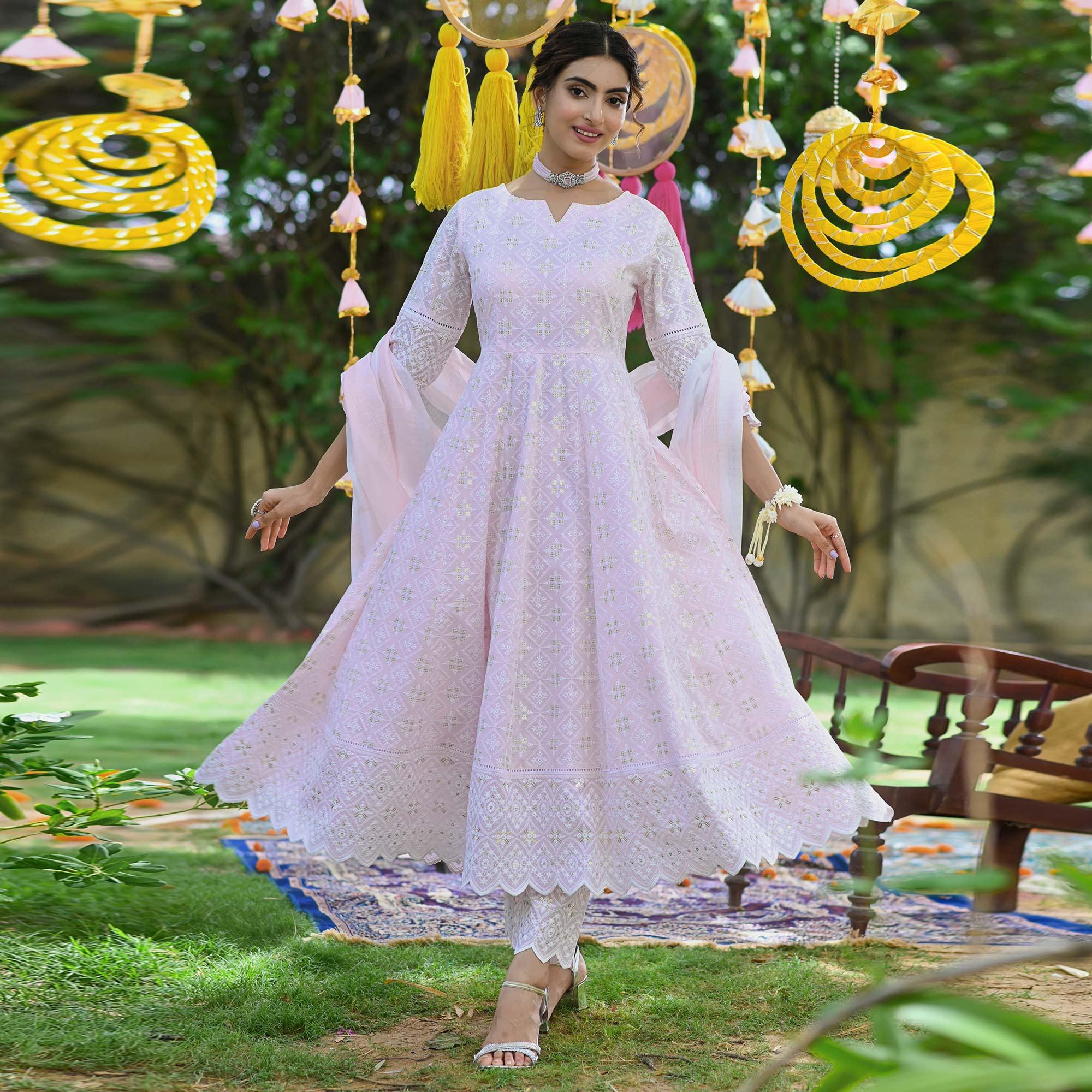 Peachmode Light Pink Lucknowi Embroidered Pure Cotton Anarkali Suit