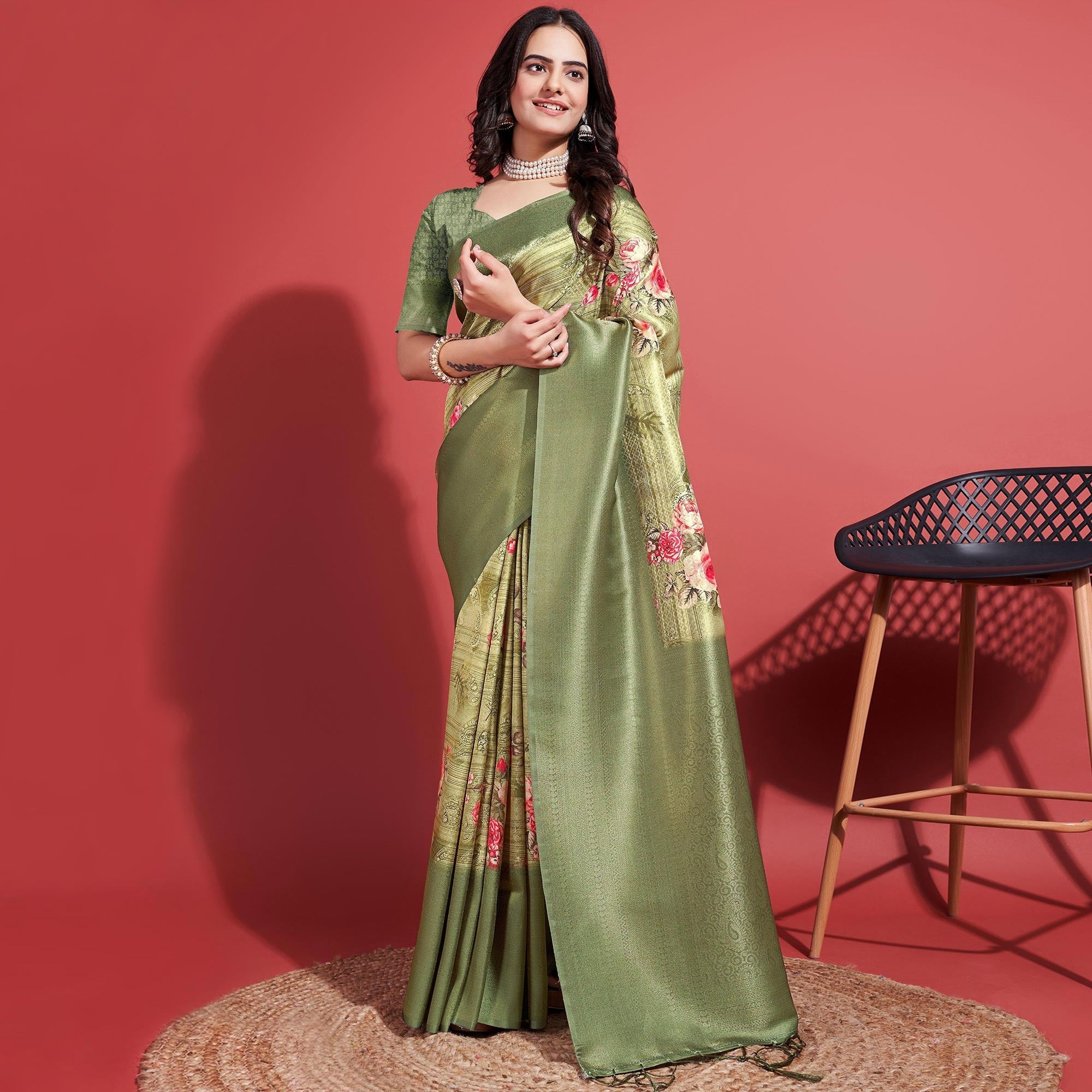 Peachmode Light Olive Green Floral Digital Printed With Woven Banarasi Silk Saree - view 2