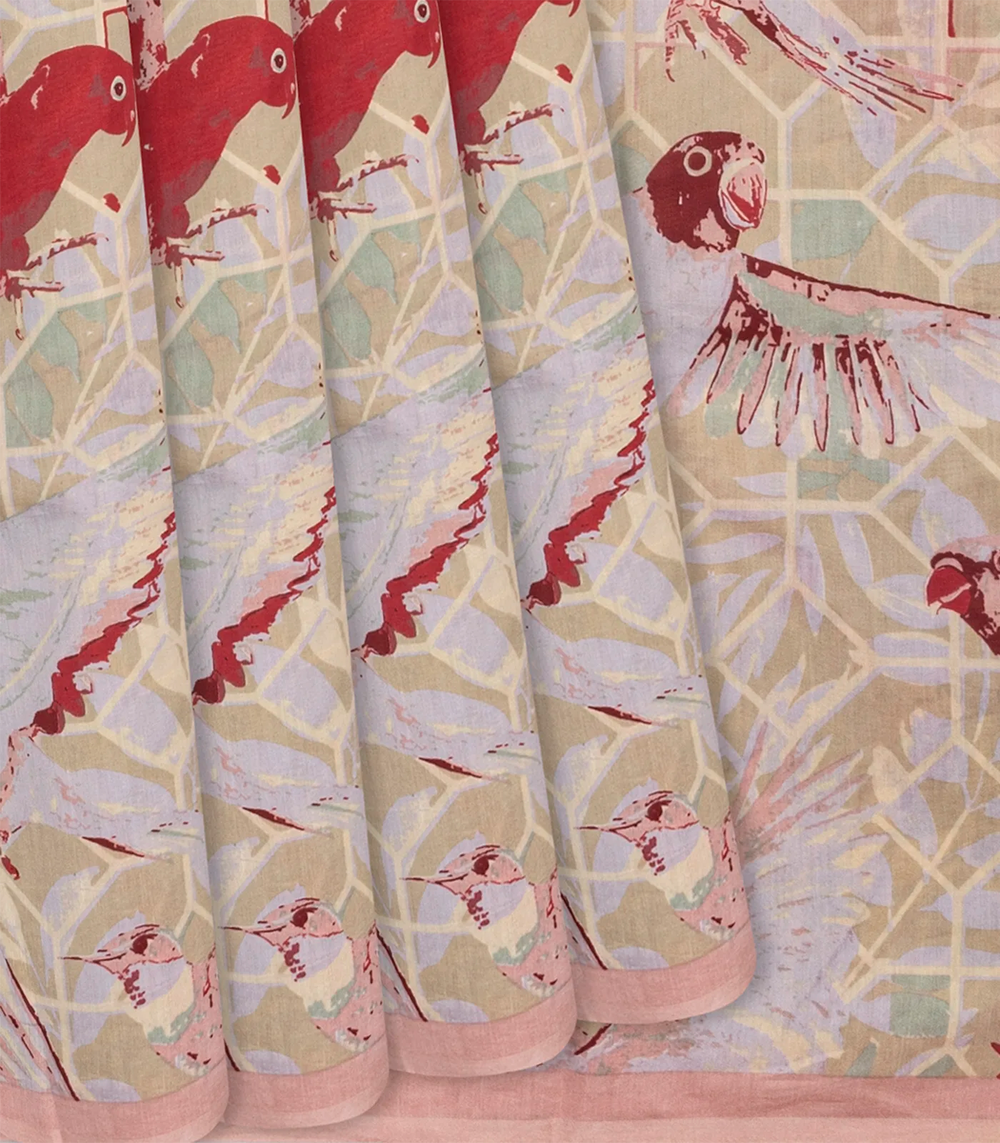 RmKV Dusty Pink Handloom Chanderi Cotton Saree With Printed Bird Motifs-Dusty Pink