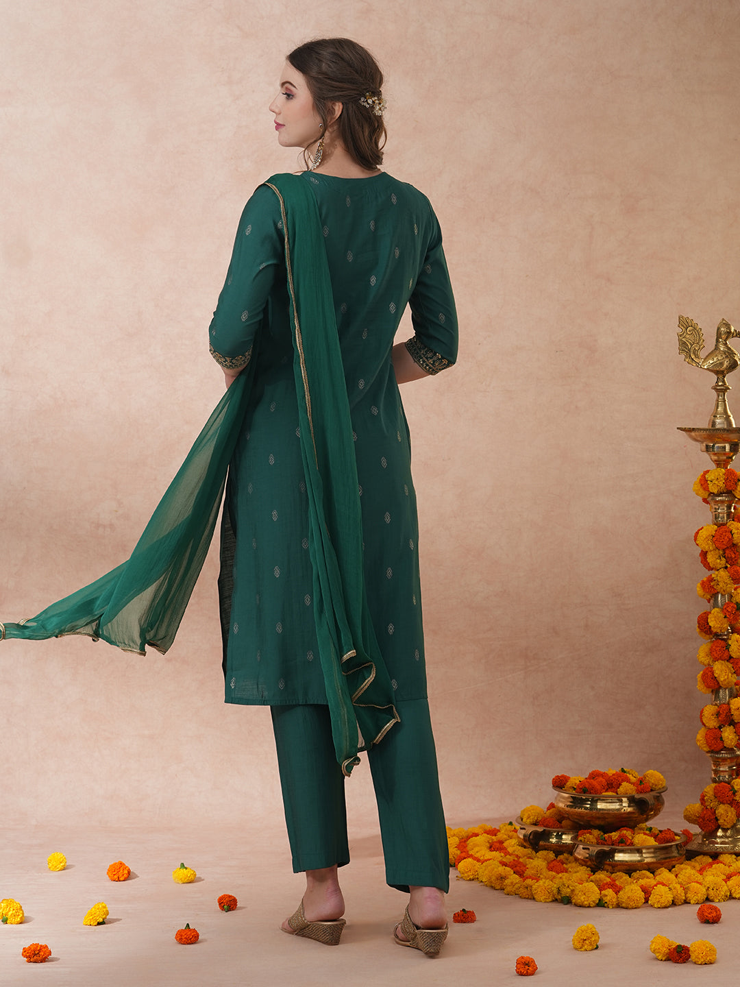 FASHOR Solid Ethnic Embroidered Straight Fit Kurta with Pant & Dupatta - Green - view 4