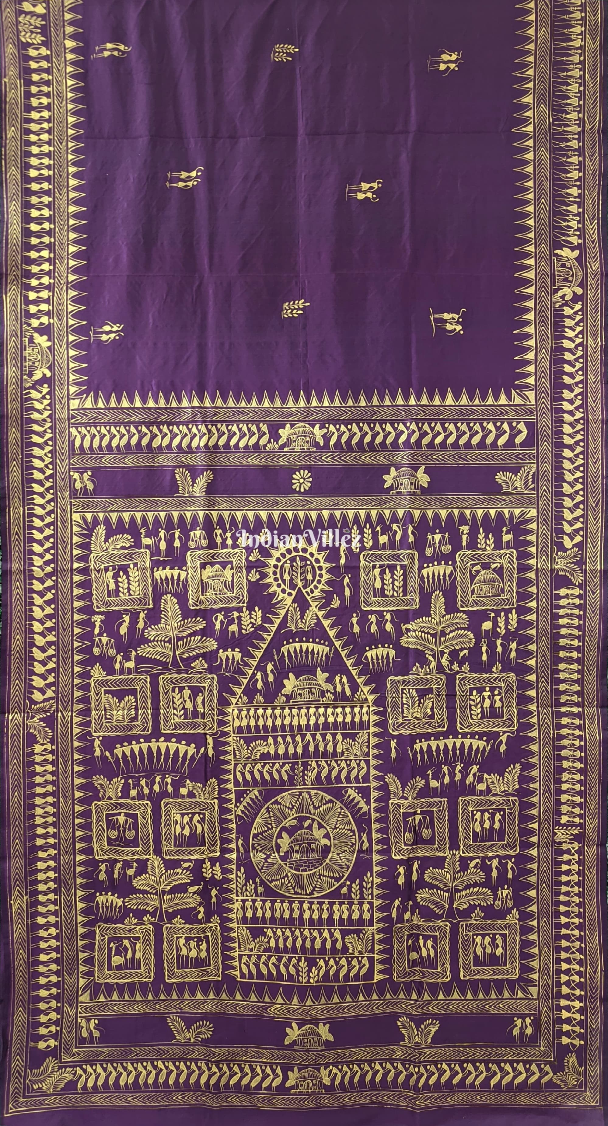 IndianVillèz Wine Color Tribal Themed Hand-Painted Pattachitra Saree