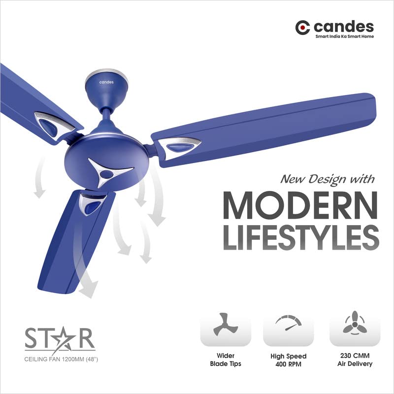 Candes Star 1200mm/48 inch High Speed Anti-dust Decorative 3 Star Rated Ceiling Fan 405 RPM with 2 Yrs Warranty (Silver Blue, Pack of 1) - view 3