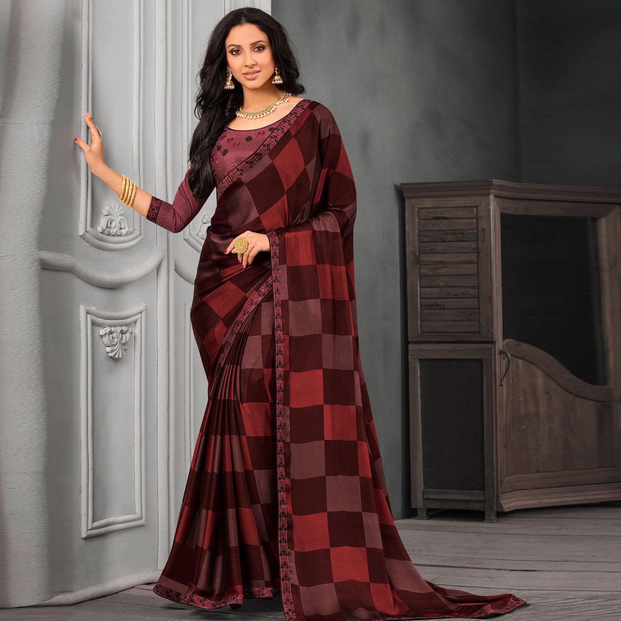 Peachmode Intricate Brown Colored Partywear Printed Chiffon Saree