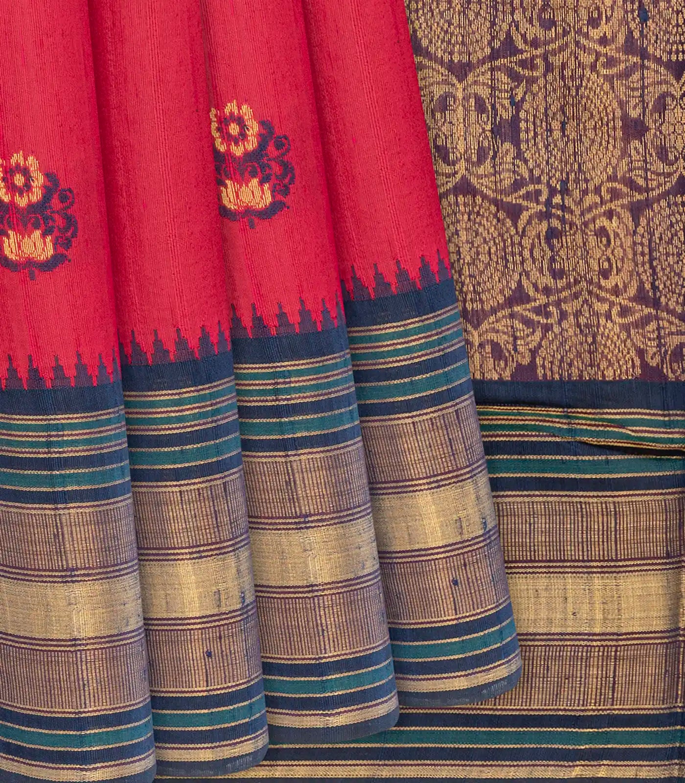 RmKV Peach Handloom Dupion Silk Saree With Floral Motifs-Peach