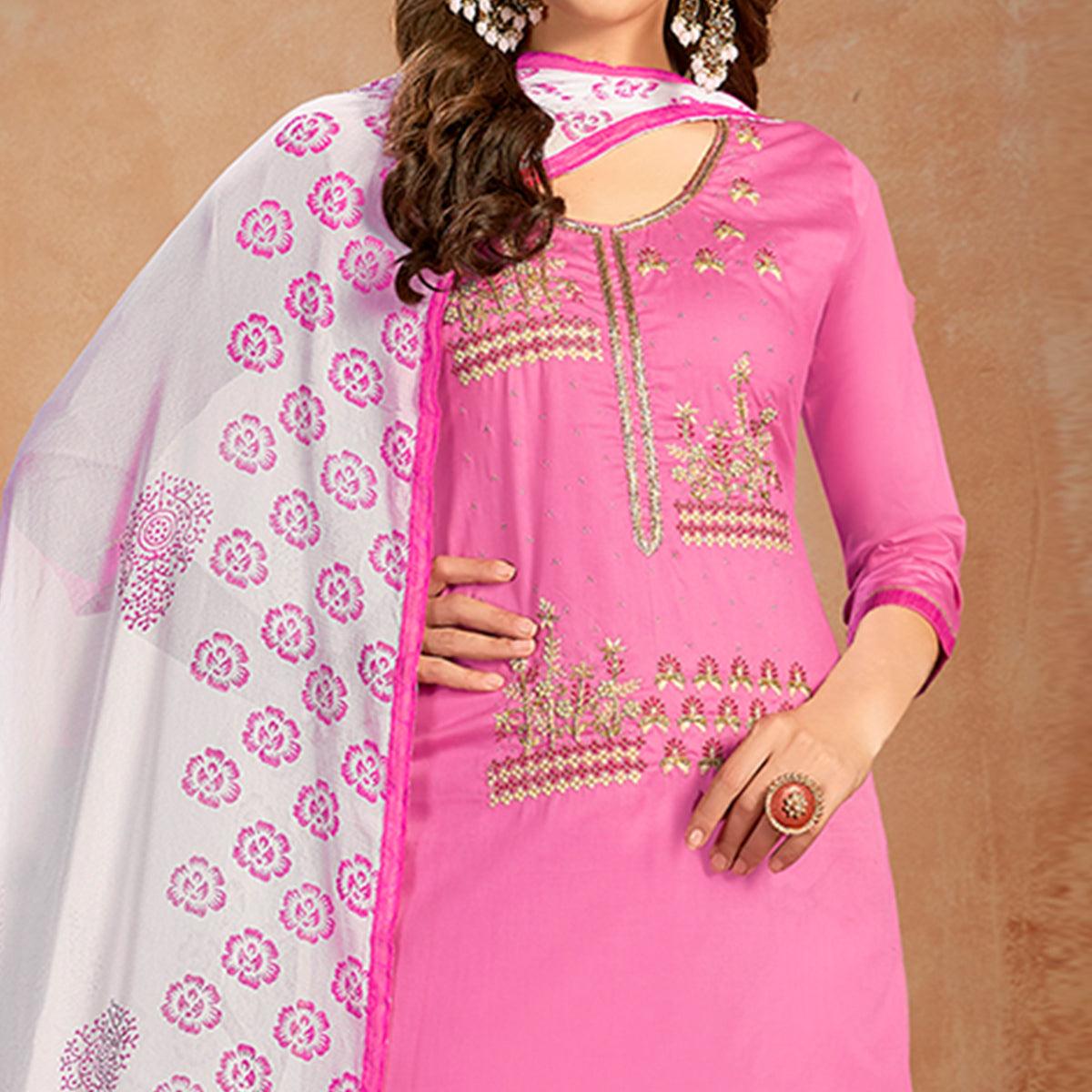 Peachmode Impressive Pink Colored Partywear Embroidered Pure Cotton Dress Material - view 2